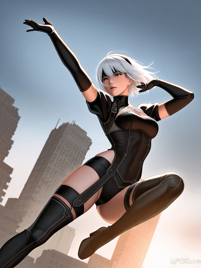Blonde woman in white cat costume jumps from high-rise to high-rise, over the rooftops of New York, das StarlightCat, White cat girl, 8k , shiny white skin, Tifa Lockhart with white hair, white, shiny skin,