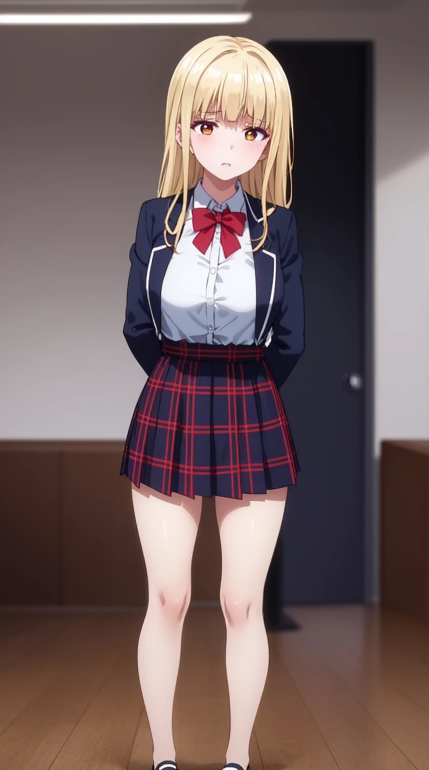 ((1 girl))、(smile:1.5)、small breasts、(cowboy shot)、(fun!!)、(白いcardigan:1.5)、(blonde)、blush、(single braid)、(eye highlights:1.3)、blake black shoes,(黒いskirt)、bow, button, shirt with collar, long sleeve, ((red bow tie, , black jacket, open jacket, cardigan, white shirt, 黒のskirt, チェック柄のskirt、white socks)),, shirt,, skirt, socks, thighs, white shirt, Rest indoors, ((classroom:1.5))、 BREAK while watching the audience、(skirtを掴む:1.0)、 (perfect hands, perfect anatomy),cowboy shot、(skirtlift:1.3),(highly detailed white panties:1.3)、(highly detailed panties:1.3)、、(skirt that rolls up:1.3)、(fully exposed panties:1.5)、blue eyes