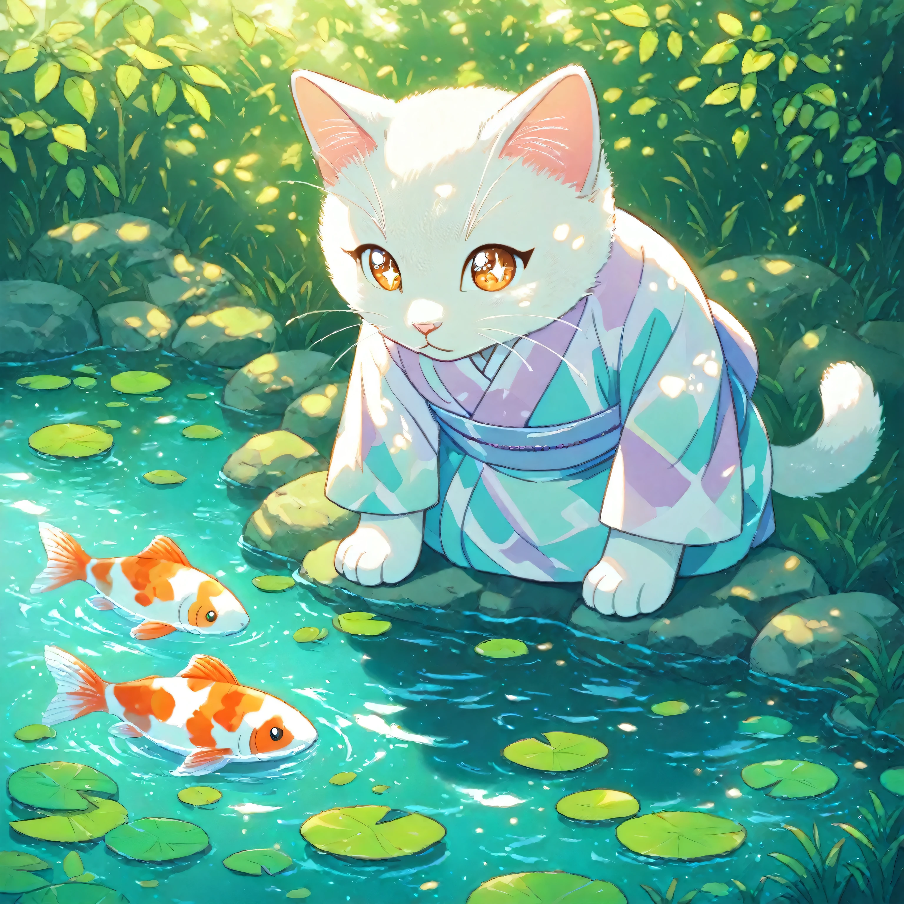In the foreground, there is a serene pond bordered by large, smooth stones and patches of green grass. Its clear surface reflects floating lily pads while beneath the surface, colorful koi swim gracefully through the water, creating gentle ripples. Behind the pond, an anthropomorphic semi-human Ragdoll cat with a rounded face, soft white fur with light brown points, and symmetrical forward-facing ears crouches on the dry stone edge, leaning slightly forward to peer into the water. The cat wears a traditional kimono with delicate asanoha patterns in soft pastel colors, sleeves hanging naturally. Its sparkling eyes show curiosity as it observes the koi. The cat’s paws rest firmly on the dry stones and do not touch the water. Its face is softly reflected on the pond’s surface. Dappled sunlight filters through fresh green leaves above, casting gentle patterns of light and shadow across the stones, pond, and cat. Full body, soft anime style, 1:1 aspect ratio.