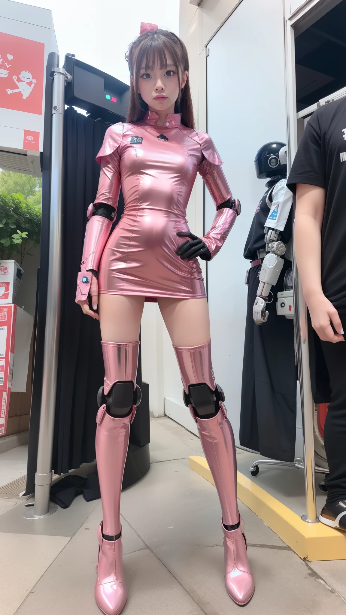 Robot Girl, pink there, Silver, Metallic body, Robot Parts, Metal Parts, Super Detailed Face, Super well-formed face, of the highest quality, a small face, a small head, Brown hair, Slender body, Camera gaze, Internal Mechanical Exposure, Idol, front facing, Well-proportioned body, sale, Exhibited, Event Hall, Moe Pose, Pink Metallic lace queen Dress Machine Armor, Standing with legs open, Model body type, sad, Embarrassing,(Perfect Robot Girl),(Perfect machine body)