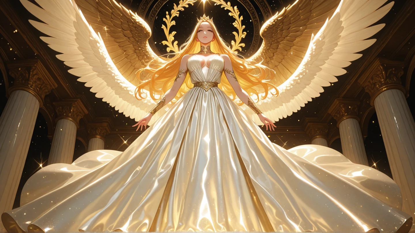 Arafed, a picture of a female angel in high society prom event, divine beautiful female angel, blond hair, long hair, flowing hair, the hair glows in a soft light, cerulean eyes, deep light eyes, divine beautiful face, folded white feather wings, she wears a red evening dress, elegant, intricate detailed dress, silk dress, she wears elegant high heeled boots, exquisite high heeled boots, high society ball room background, dynamic angle, soft torch light, (Masterpiece: 1.5), 16k, highres, best quality, high details, ultra detailed, masterpiece, best quality, (extremely detailed), AngelStyle, GlowingRunesAI_paleblue