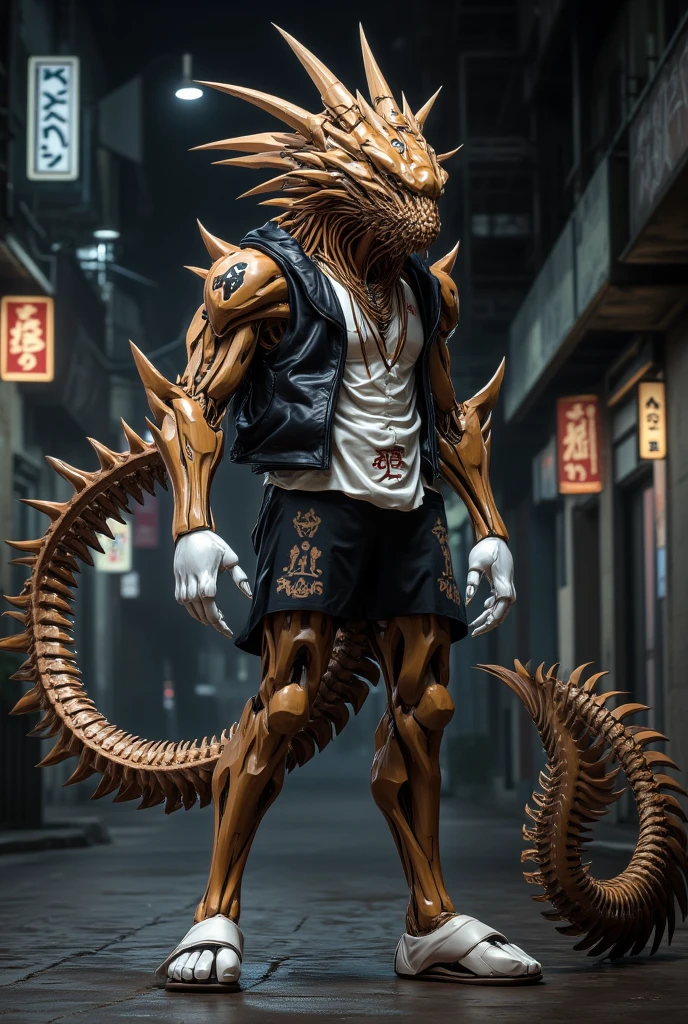 （Male robotic dragon), Colorful reflective dragon scales, Solitary,, detailed scales texture, (Cyberpunk),, (Sleeveless vest ,Leg shorts),Feet are claws and wear claw socks,Metal body，Mechanical limbs，Mechanical plug, dawn, shadow, Bright environment, (Dragon Gem),  (Bottom view), Looks excited, [Simple background], Masterpiece Artwork, Caustic lines, Rim Light, Single light source, 清晰的shadow, Finger claws, (Digital Grade, Claws), (Hanfu),Standing in the pub drinking