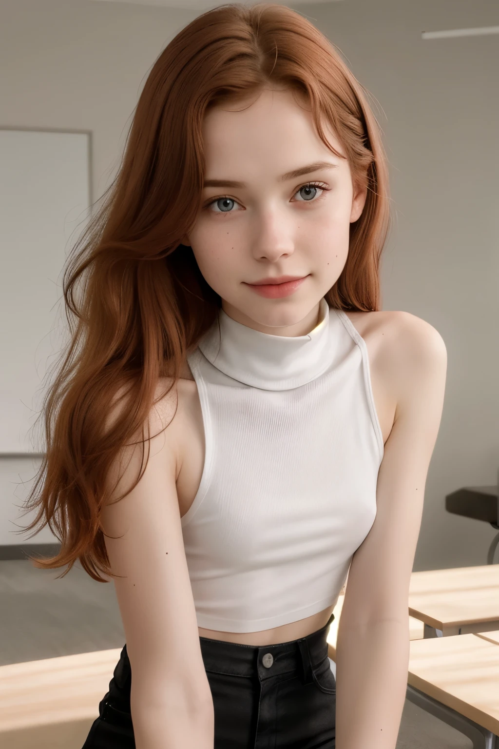 RAW photo,( skinny redhead girl:1.2), age13, wearing a white turtle neck swimsuitt, in a classroom, (best quality, high quality), hyperdetailed, highres, high detail, intricate detail, HDR, 8k, sharp focus, detailed background, perfect hands, realistic eyes, detailed skin texture, (blush:0.5), (goosebumps:0.5), subsurface scattering, 16K, ultra high res. photorealistic, HDR, UHD, DSLR, RAW, cinematic lighting, dimples on the cheeks , blush, graphic eyeliner , rouge, ( lipstick:0.6), (choker:0.9), Realistic skin texture , (red:0.8), warm lighting , cozy atmosphere, instagram style, Not suitable for work , naive, shy, , delgado, fit, beautiful, beautiful, pale skin, Photorealistic, skinny bodie, smiling happily, very long red hair with hair ties. (toned arms:1.1) Beautiful detailed face, small tit, thin girls, thin girl, skinny girl.