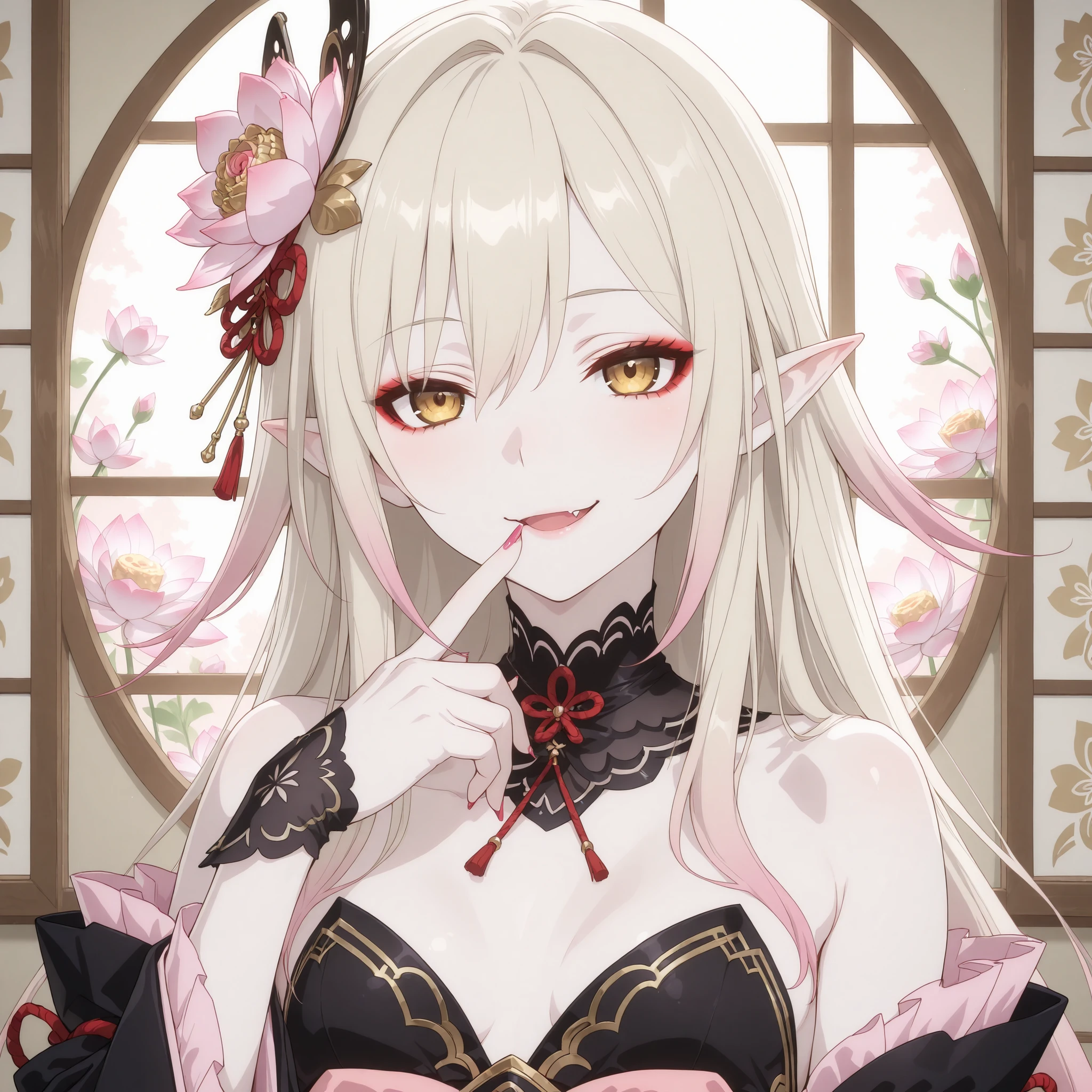 pale-blonde hair, Beautiful, Long Hair, (Rose gradient on hair), Golden Eyes black kimono, cheeky, alluring, fang, cunning, sly , sexy expression, mature, eyeliner, pale hair,detached sleeves kimono, flowy hair, japanese house background, cherry pink Stiletto nails, pale skin, pink lotus flower on hair, small breast, long kimono, pointy ears,, sexy smile, finger on lips, close up