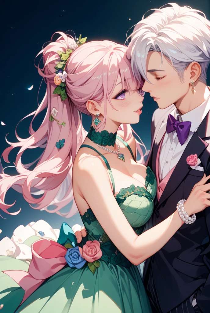 (woman with pink hair, sparkling light blue eyes)+(man with black hair and bright dark blue eyes)+(anime style Ilya Kuvshinov:1.2)+(newlywed couple on their honeymoon)+(falling pink petals)+(full body image in high quality)