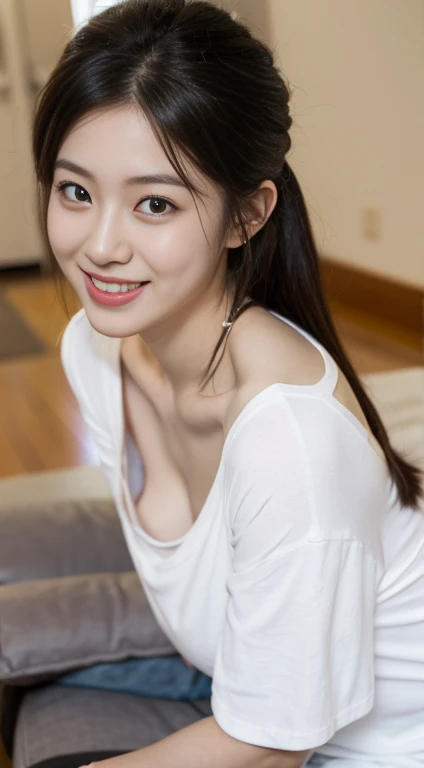 、beautiful girl、The tip bounces outwards,Large Breasts, Waist-length hair,Ample breasts,Cleavage,Soft thighs, Soft Skin,Slanted Eyes,16 years olds (Very fine), outstanding features, Perfect Anatomy, Centered, Perfect distance, Exquisite colors, Exquisite detail, Golden ratio illustrations,The whole body is visible、smile、Beautiful legs、Wet Skin、Clothes that fit the body,No sleeve、Tight Skirt、On the bed、Lying down、Beautiful knees