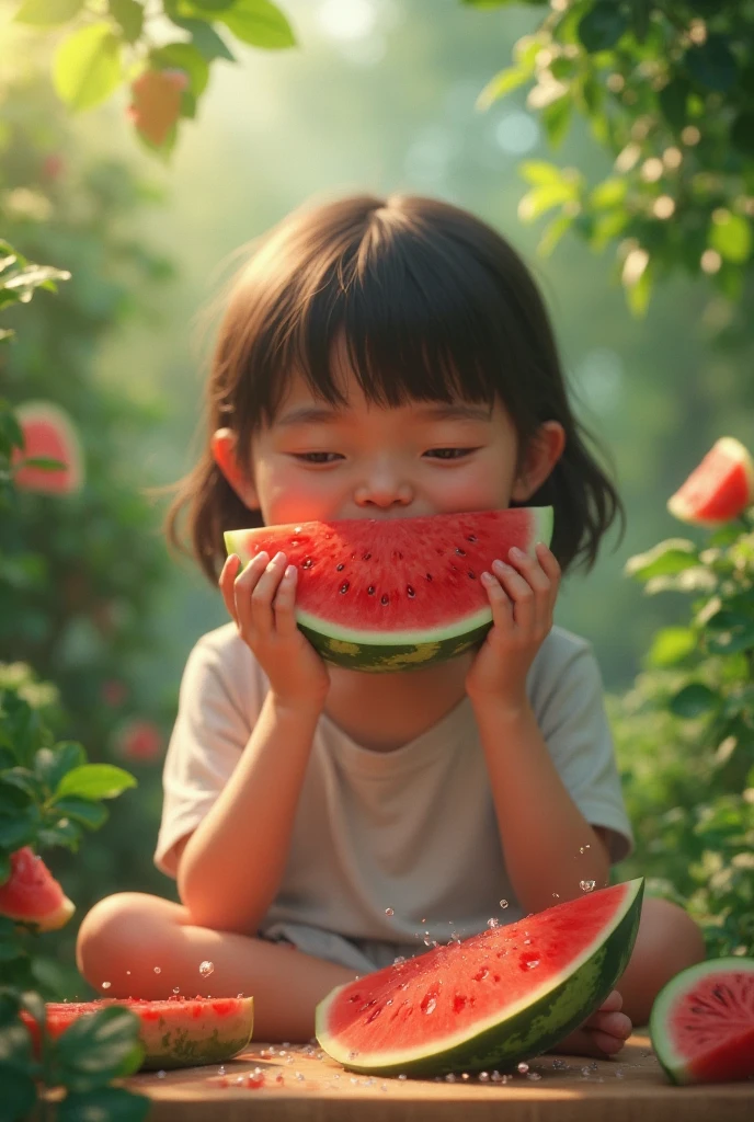 Draw 8 cute feng shui paintings of little girl eating watermelon --auto