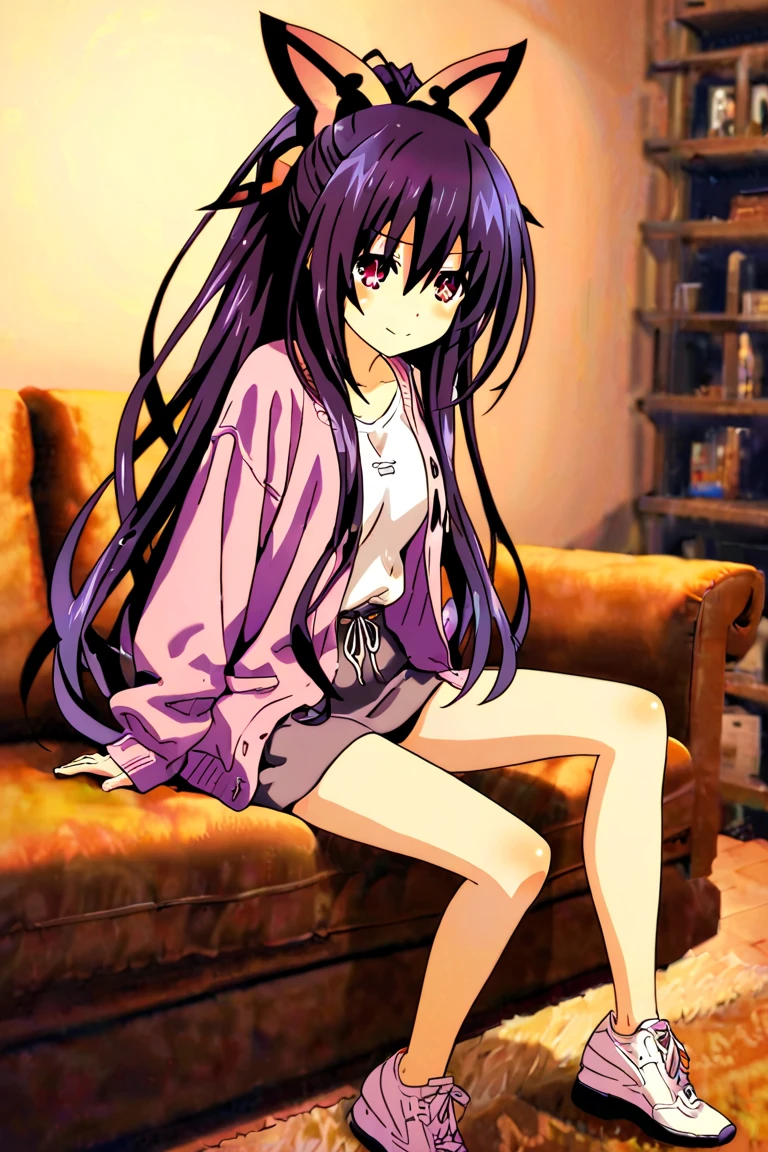 (masterpiece), best quality, expressive eyes, perfect face, highres, (8k), (perfect face), (ultra details), 1 girl, solo, ai hoshino, hair between eyes,  long hair, one side up, (purple eyes:1.1), purple hair, (star-shaped pupils:1.5), symbol-shaped pupils, ((purple blouse)), off shoulders, white pants, jacket, black jacket, open jacket, choker, smile, street background, sitting, on floor, knees up, barefoot, full body, portrait, looking at the viewer,
