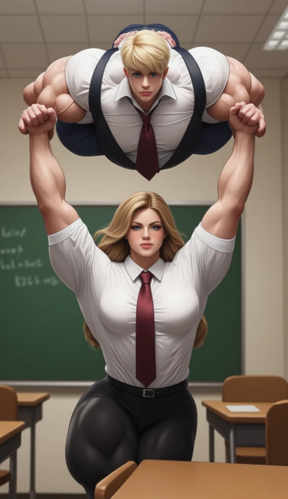 there is a cartoon of a naked woman and a man in a classroom, giantess art, our species, giantess, realistic , muscular! fancy, macro giantess, powerful and huge, dominant pose, muscular girl, brutal depiction, hyper realist , giantess shot, lesbian art, exaggeratedly large physique, 3d cartoon, sapphic art, men showing their penises,