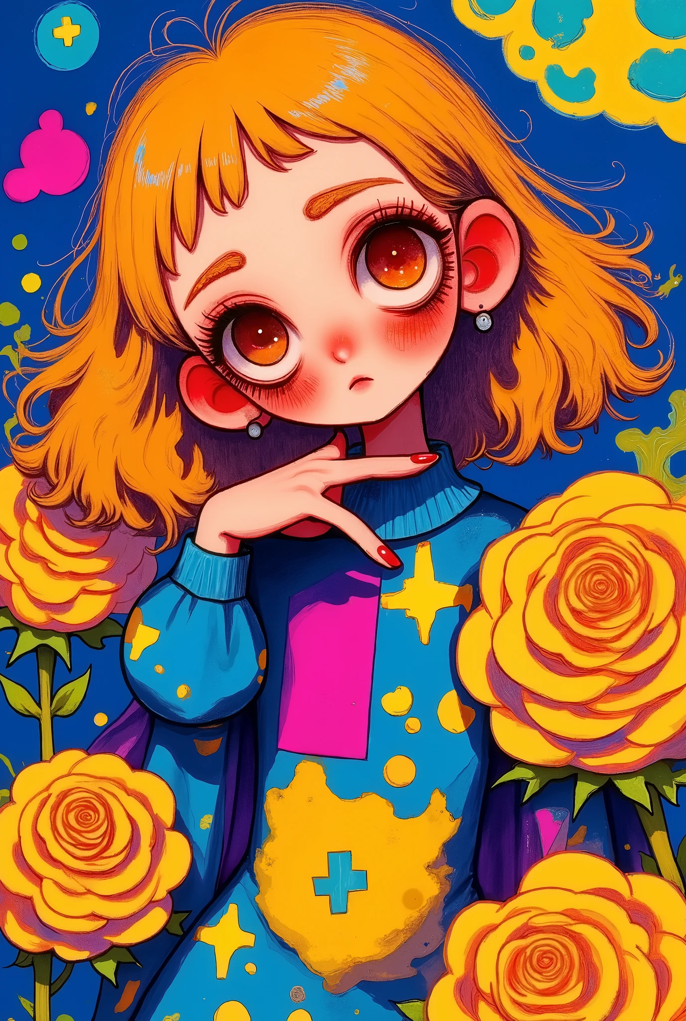 whimsical art style, surreal fantasy, flat, A woman is portrayed captured by a grand illustrative style, giant yellow roses, intricately detailed and stylized sheets, blending with the artistic, textured background. She's been around for a long time, flowing hair flowing down your back, contrasting harmoniously with the warm, vivid tones of the floral environment. Her clothes are painted with a mix of shades of blue and cerise orange, echoing the colors of the scene, the clothes are mixed with the roses giving an air of belonging, as if the woman were also a rose. Your arm is raised, , hand resting softly on the side of the face, contributing to the overall composition and representing a contemplative atmosphere. The image is characterized by its rich, and a balanced color palette, capturing a sense of beauty natural and artistic resonance.