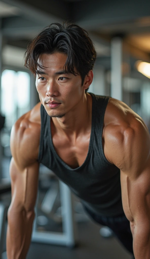 generate a master photograph describing a shapely Man, a casual, close-up shot of a fit, handsome male model in workout gear, (8K, best quality), smile, no beard,clean-shaven, smooth complexion, clear features, young-looking, brown hair, black hair, (hard chest, six pack, v cut), holding a water bottle and looking directly at the camera with a thoughtful expression. The background is a simple gym setting with subtle lighting, (He has sexy hard chest, Most sexy v-cut , Most sexy six pack), Manly, Mancore, (He has fit chest, sexy six pack, sexy v-cut, extremely sexy hips), (asian skin, glistening skin, beautiful complexion), shot on Fujifilm superia, (Studio soft light, high detail, cinematic lighting, rim lighting), Style: (hyperrealistic, by DynastySeries FashionNova, photo, {{{masterpiece photography}}}, analog photograph, professional fashion photoshoot, trending on artstation, synthwave, krrrsty), Quality: (photographed, masterpiece, highest resolution), Definition: (highres, sharp focus, 8k uhd, ultra photo-realistic resolution), Film: (80 mm, shot on portra 120, shot on Fujifilm), Resolution: (extremely detailed, (sharp focus:1.5), cinematic lighting, dramatic lighting, ultra photo-realistic), luxury:    