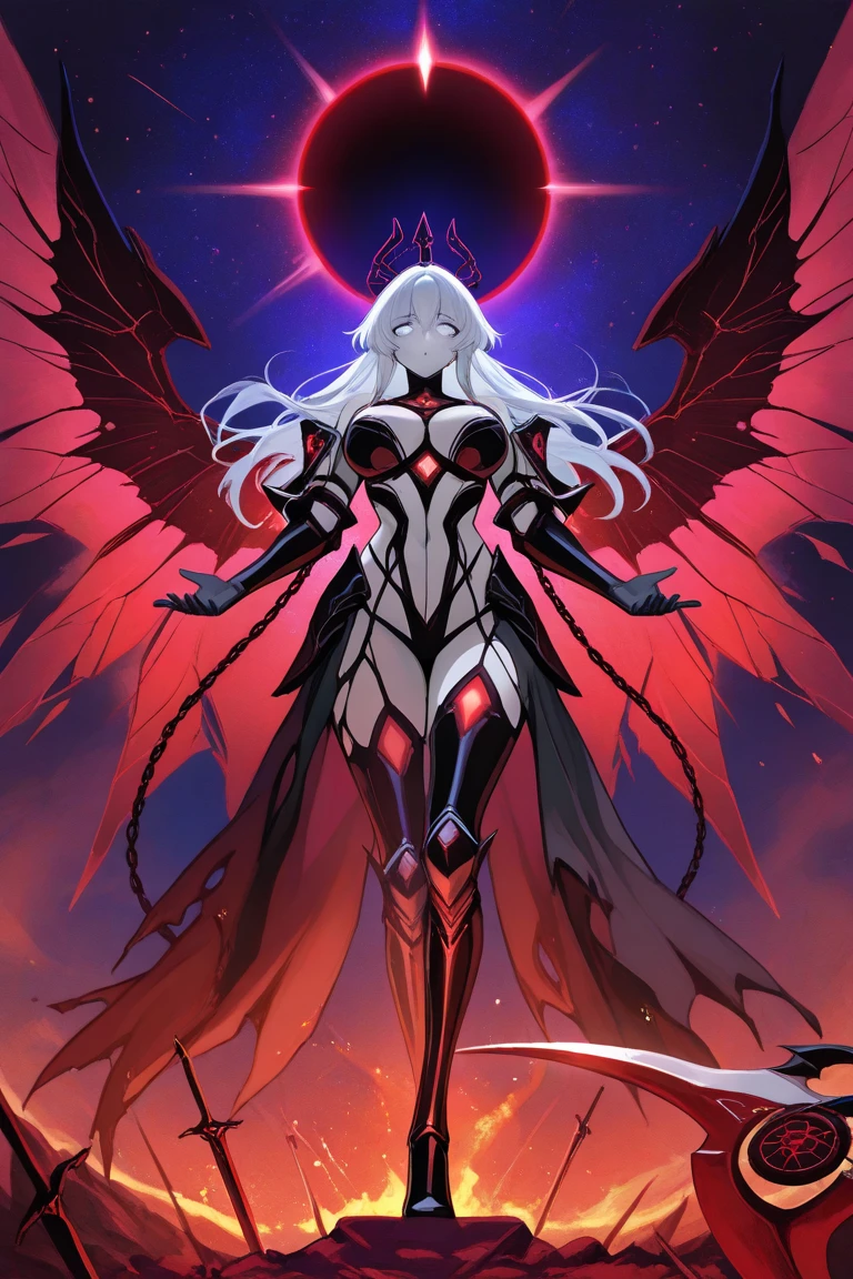 Grey skin, blood halo, angel, rare, cursed maiden, Angelic armor, beautiful woman, long silver hair, red glowing eyes, grey skin, black wings, palace ruins,
