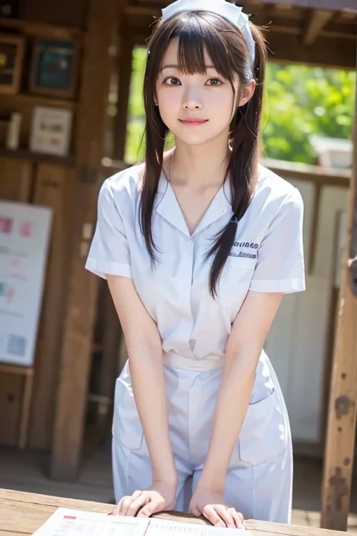 a Japnese girl,nurse unifoym,10years old,short ponytail,beautiful face,very cute face,little blest,small,kawaii,pretty,lovely,sweat,night,real photo,8K,loving me,blush,park,rainy