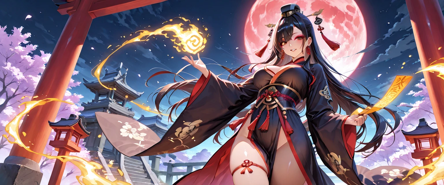 ((Dark world)),Professional , masterpiece、highest quality、Photo Real , Depth of written boundary 、（Sexy pose）、(A black maple tree in full bloom),（Ultimate beauty）、Black-haired、Mystical Expressions、（Shrine Background)、（Beautifully patterned kimono）、（Night Background）、Beautiful hair ornament on the head、,(Intense Combat）,（（Steep cliffs））,(Wear a beautiful kimono),（Wear a beautiful kimono with colorful floral patterns）、（日本のCastle Background）、Jewel Gold Weapon、Particles of light),(Intense Combat）、Gorgeous gold weapons ,Castle Background、（（ Gorgeous Dragon Sword）） , （Dark Night）,,（maikurobikini） 、（（Black-haired美しい少女））、（Castle Background）、（Devil&#39;s Wings）、（（Gangl Forest Background））、美しい白people美people、１people、Dynamic Angle,(((Two devil horns on the head)))、Small head、Idol Smile、A convenient way to express slim and beautiful women、Light effects、Intense Combat、Wind effectagic circle、With the legendary magic wand、dragon tail、Camel Toe、Giant tit、Earrings、necklace、Bracelet、Caster wheel、first round、Plump、Super big breasts、Ahoge、Slut、Cleavage,Mole on chest、transformation、Odd Eye、Molester、Plump、Super big breasts、Super big butt、Quite lewd、Super big breasts、Super big breasts、Chubby、Jiggly body、Jiggly belly、Protruding excess fat、Clothes that bite into