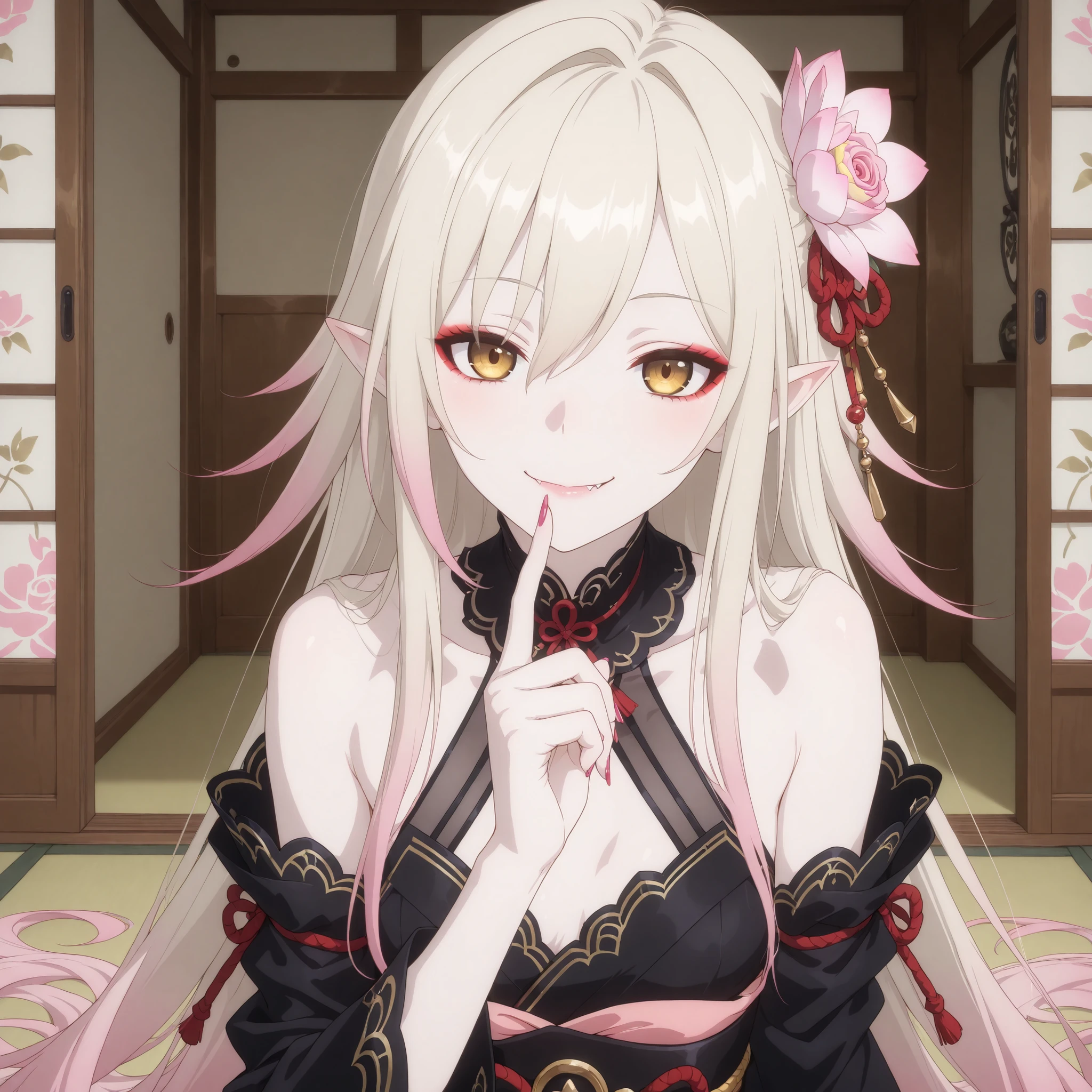 pale-blonde hair, Beautiful, Long Hair, (Rose gradient on hair), Golden Eyes black kimono, cheeky, alluring, fang, cunning, sly , sexy expression, mature, eyeliner, pale hair,detached sleeves kimono, flowy hair, japanese house background, cherry pink Stiletto nails, pale skin, pink lotus flower on hair, small breast, long kimono, pointy ears, sexy smile, finger on lips, close up