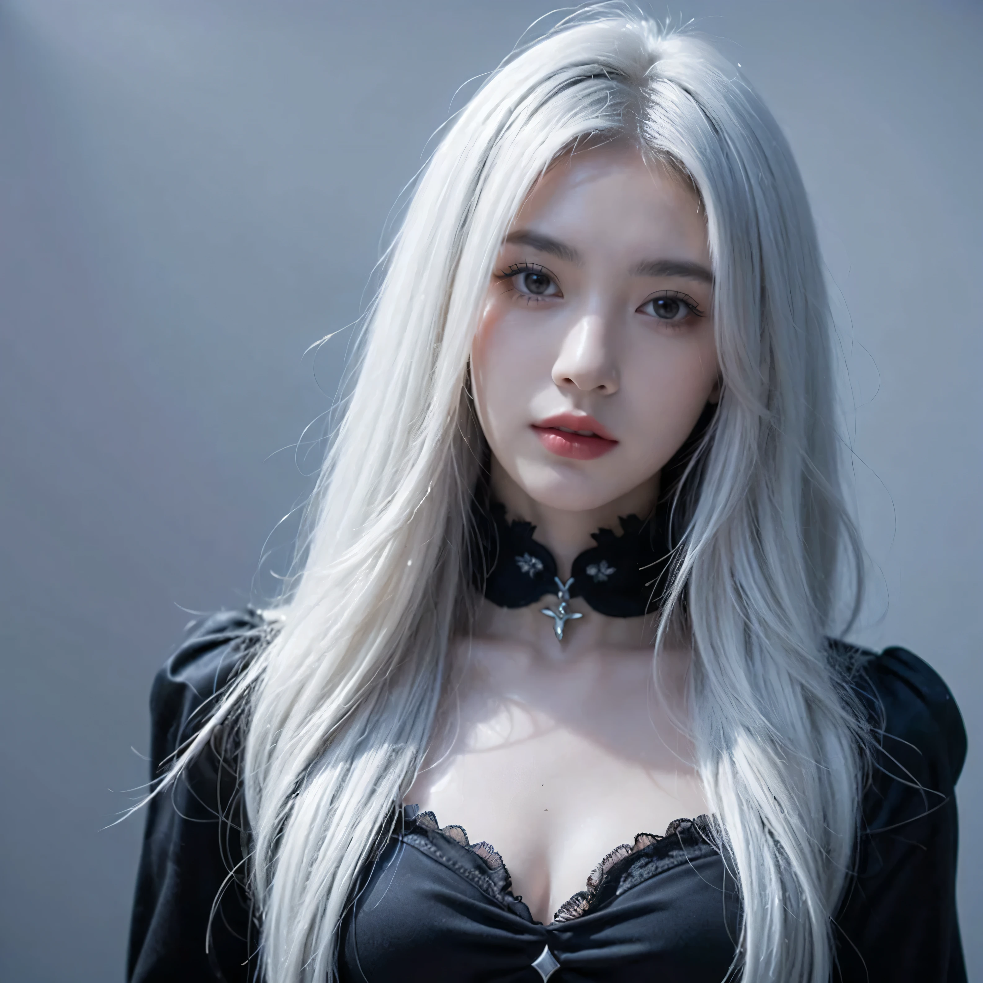 **Character Description:**
A stunning anime-style character with long, flowing silver hair tied up loosely, framing her face and falling over her shoulders. She has a calm, serene expression, with slightly closed, almond-shaped eyes that give her an ethereal look. Her skin is fair and smooth, with a delicate, almost porcelain-like quality.

**Outfit and Accessories:**
The character is dressed in a loose, open-front garment that drapes elegantly around her, revealing a more fitted black outfit underneath. The black outfit has intricate details and delicate patterns. She wears a thin, elegant necklace with a small, subtle pendant.

**Pose and Expression:**
She is posed with her arms raised, hands entwined in her hair, adding to her relaxed yet alluring demeanor. Her expression is soft and calm, exuding a sense of tranquility and grace.

**Background and Artistic Elements:**
The background features an abstract, artistic design with dynamic splashes of black and gray ink, creating a contrast that highlights the character. The artistic splashes give a sense of movement and energy to the composition, making the character stand out even more.

**Style and Mood:**
The overall style is elegant and sophisticated, with a blend of softness and strength. The mood of the artwork is serene and captivating, drawing viewers into the character's calm and poised presence.
