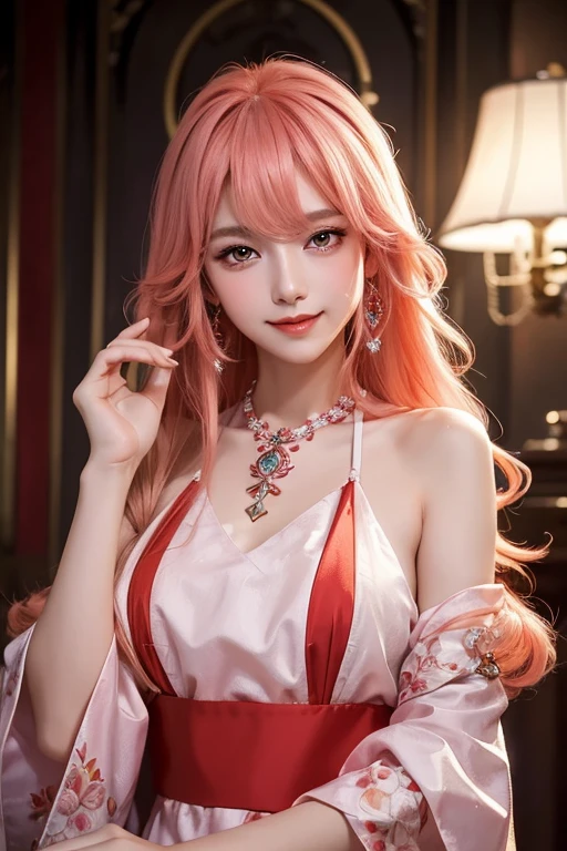 best quality, ultra high resolution, (realistic:1.4), (detailed beautiful girl:1.4), (medium chest:0.8), looking for_~to_viewer, Detailed facial details, beautiful and delicate eyes,pink hair, blue eyes, slim, an unforgettable smile, (assembly:0.3), red lips, Clothes with excellent details, (Ulzzang-6500-v1.1:0.3)