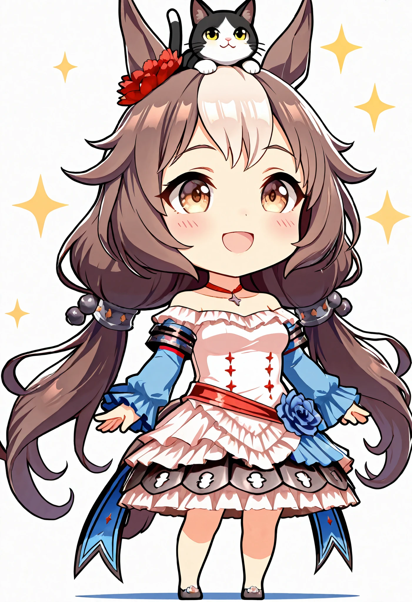 (((chibi))), (masterpiece, best quality, perfect face:1.4), wide angle, yamanin zephyr \(umamusume\), 1girl, horse ears, red ear ornament, horse tail, tail on the lower back, proportional body, proportional, beautiful hair, beautiful face, beautiful detailed eyes, beautiful clavicle, beautiful body, beautiful chest, beautiful thigh, beautiful legs, beautiful fingers, ((cat on top of head)), BREAK, blush happy smile (open mouth), white background,
