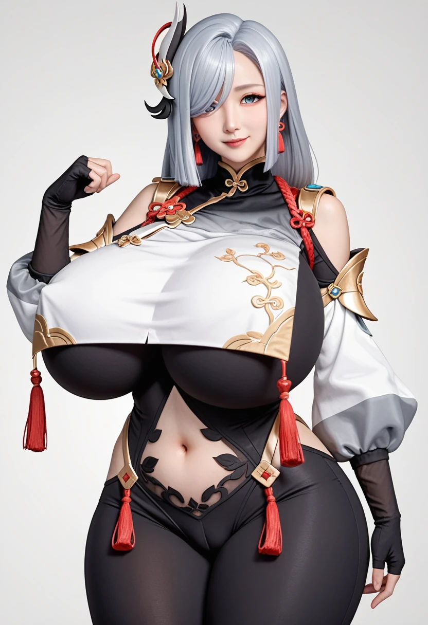 sitting on veranda, earrings, earrings, braided hair, puffy sleeves, gold trim, gloves, bodysuit, breast curtain, shoulder cutout, covered navel, hip vent, clothing cutout, tassel, (outdoor), (chinese temple background), ShenheV4, anime cels style, best quality, high resolution, 1girl, (huge breasts:1.2), beautiful face, grey hair, long hair, hair ornament, (hair over one eye), blue eye, cowboy shot, smiling, blushing