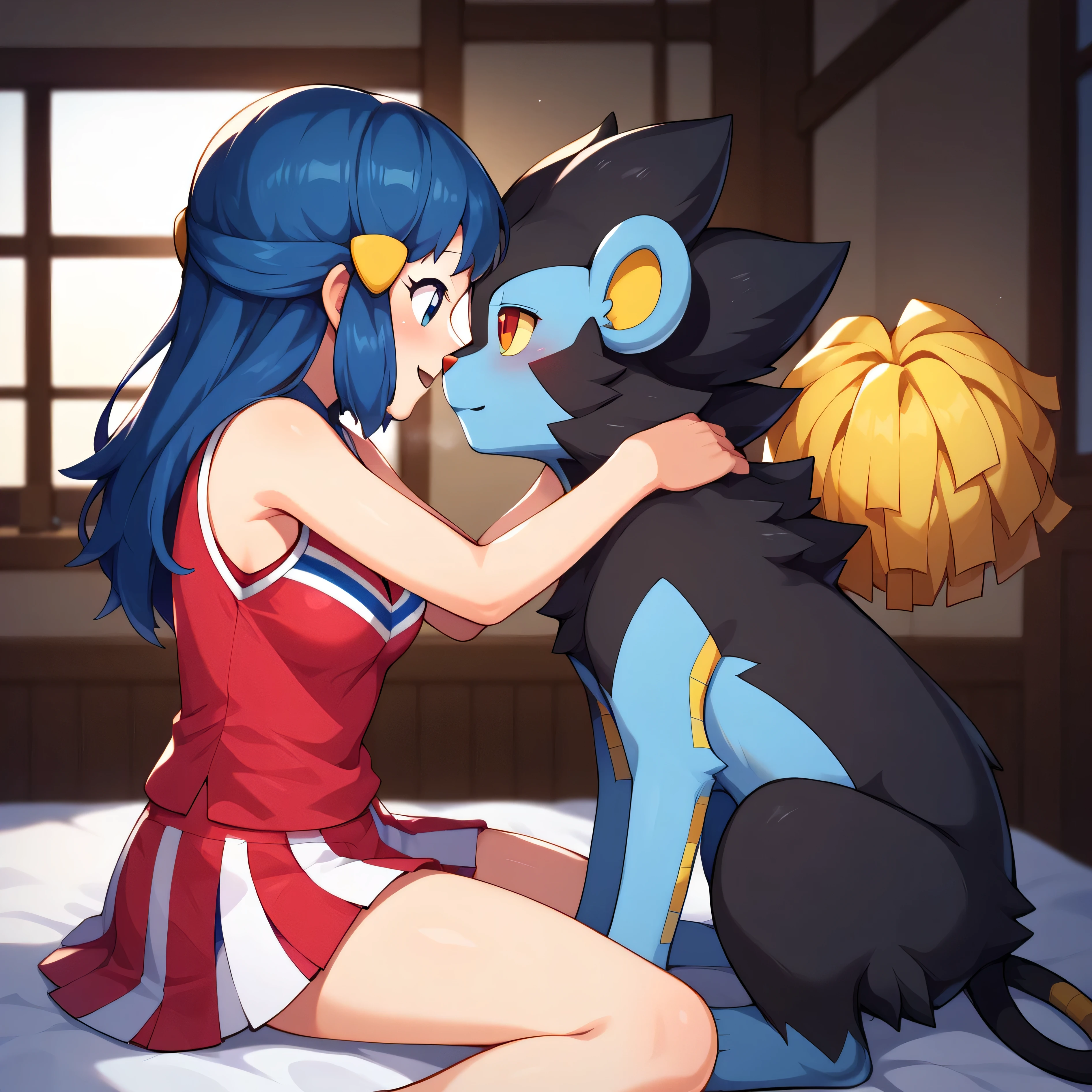 score_9, score_8_up, score_7_up, 1girl, couple, aadawn, long hair, blue hair, hair ornament, blue eyes, breasts, cheerleader, sleeveless shirt, red shirt, pom pom (cheerleading), multicolored skirt, red skirt, in house, on bed, looking at each other, BREAK, 1boy, luxray, feral, quadruped, luxray on top of aadawn,