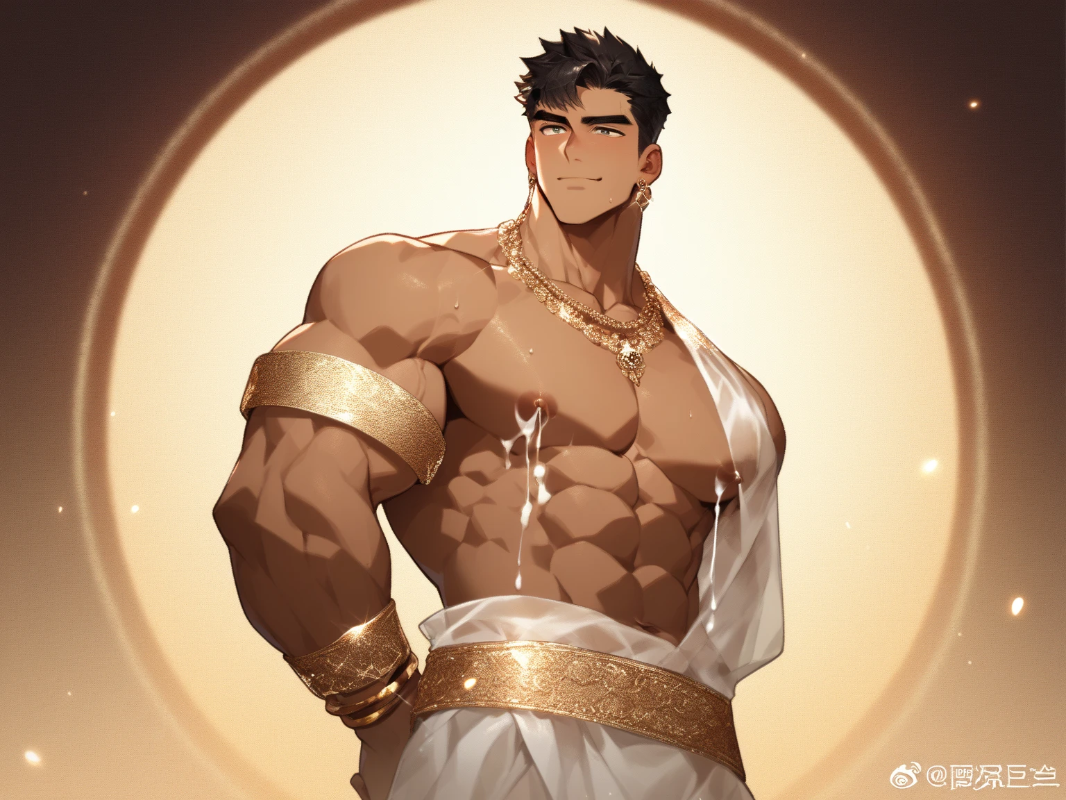 1man ,1male, realties photo and masterpiece ,top quality , best quality and offical art, very detailed,most detailed , God, short hair, Handsome man , necklase , pectoral, abs , brown skin, black eyes, Handsome, Muscular ( wide shouldersand wide waist) ,Indian male model 