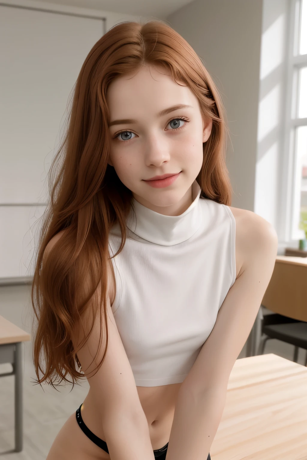 RAW photo,( skinny redhead girl:1.2), age13, wearing a white turtle neck swimsuitt, in a classroom, (best quality, high quality), hyperdetailed, highres, high detail, intricate detail, HDR, 8k, sharp focus, detailed background, perfect hands, realistic eyes, detailed skin texture, (blush:0.5), (goosebumps:0.5), subsurface scattering, 16K, ultra high res. photorealistic, HDR, UHD, DSLR, RAW, cinematic lighting, dimples on the cheeks , blush, graphic eyeliner , rouge, ( lipstick:0.6), (choker:0.9), Realistic skin texture , (red:0.8), warm lighting , cozy atmosphere, instagram style, Not suitable for work , naive, shy, , delgado, fit, beautiful, beautiful, pale skin, Photorealistic, skinny bodie, smiling happily, very long red hair with hair ties. (toned arms:1.1) Beautiful detailed face, small tit, thin girls, thin girl, skinny girl.