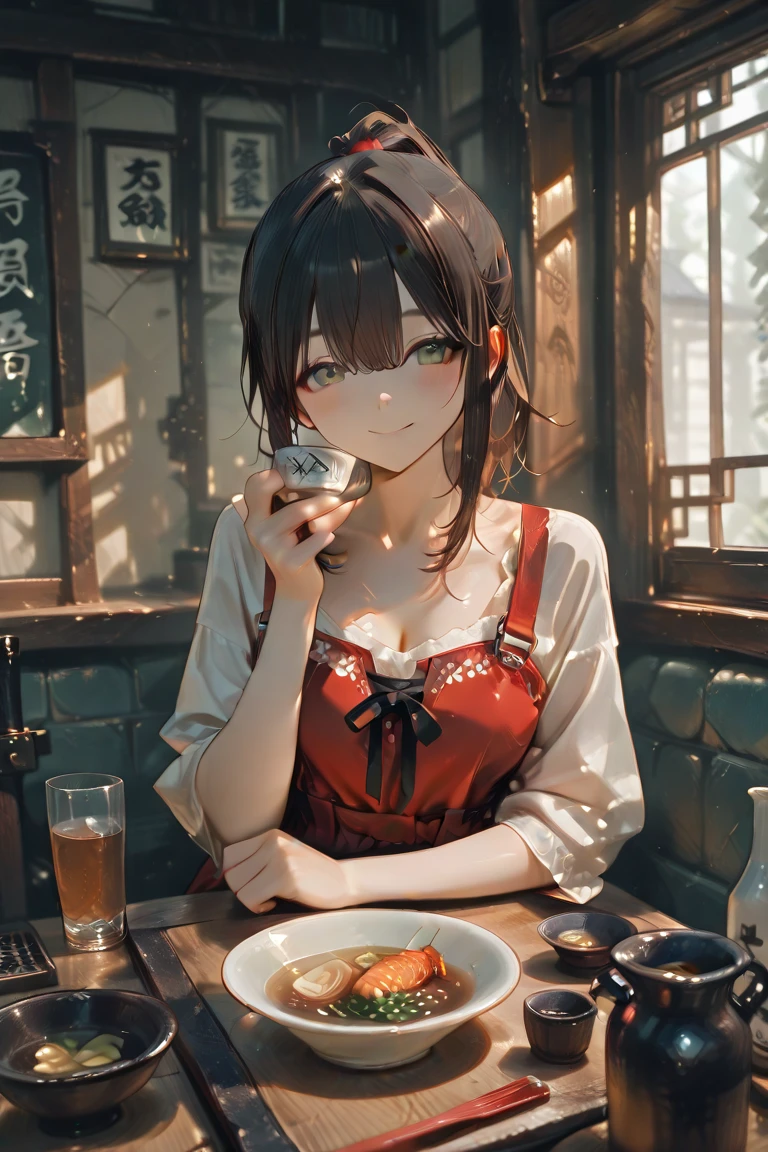 Realistic photos, Focus distance 10mm, Red and white, Beautiful girl, Realistic photos, Shooting at Focus distance 10mm, masterpiece, 最high quality, high quality, Very detailed CG 8k wallpaper unit, Award-winning photography, Depth of written boundary, High resolution, bloom, chromatic aberration, Realistic, Very detailed, Art Station Trends, CGsociety Trends, Complex, High detail, dramatic, Art on the go, volumetric lighting, Soup A beautiful girl in an elegant dress is enjoying a hot soup. The background is the warm atmosphere of a French café. The girl has short black hair and light brown eyes