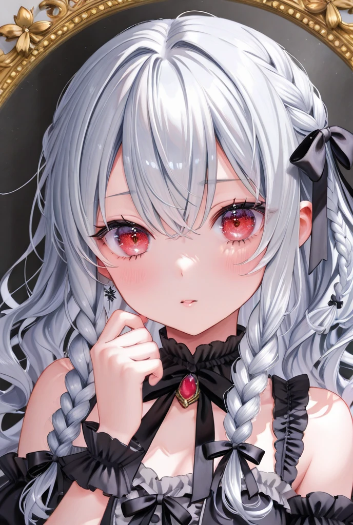 1 girl, Top Quality, Ultra High Quality, 8K, Super Beautiful, Silver Hair, Eye Patch on Left Eye, Detailed Pupil, Gothic Lolita, Goth , Annuit, Red Eyes, open mouth, (blushing:1.5), big breast, cleavage