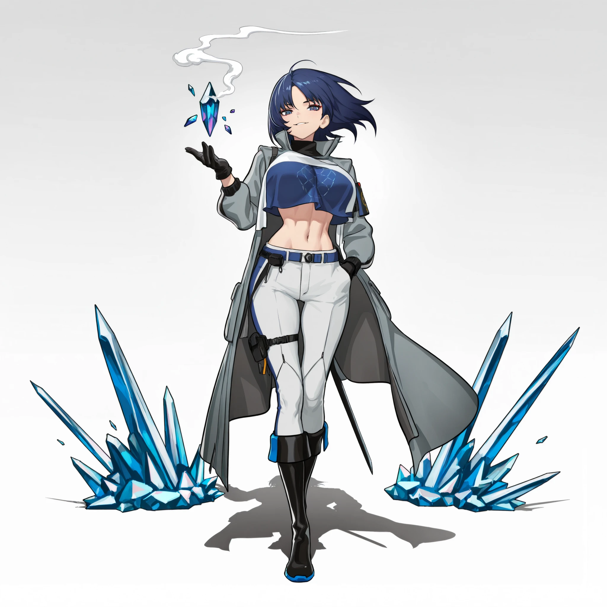 ((arknights),elite ii (arknights),original,ArkElite2, full body), {artstyle: iwao178,nia4294,henriiku (ahemaru),(ryuuzaki ichi),ilya kuvshinov,baffu,hitoyo,professional artist,detailed anatomy},{masterpiece, best quality},young girl,adult,1girl,solo,(large breasts:1.7), narrow waist, linea alba,navel, slim body, tall body, slim legs,shrug (clothing), cropped shirt, ((breast curtain)),midriff, layered clothes,long sleeves, layered clothes, open clothes,blue shirt, white shrug,trench coat,grey coat, popped collar,black gloves, pants, white pants, (blue trim, hexagon print), knee boots, blue eyes, blue hair, medium hair, curtained hair,parted bangs,smug, seductive smile, (detailed background,explosion,((crystals)), broken crystals, floating crystals, crystallized weapons, crystallized swords, crystallized spears, shadow,smoke, wind,cloud), hand up, open hand,hand in pocket, ((straight-on,looking at viewer)),floating hair,