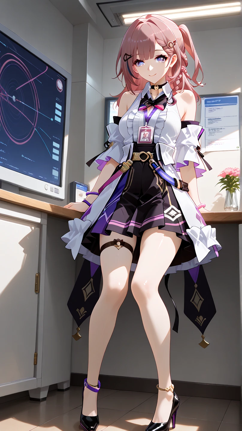 Kizi, breasts big, cute, Caucasian skin, baby face, pink eyeballs, White hair, good figure, super long and beautiful legs, white stockings, 8K, Computer graphics quality, master works, perfects eyes, eye details, right fingers, right thighs, NO extra fingers, no extra legs
