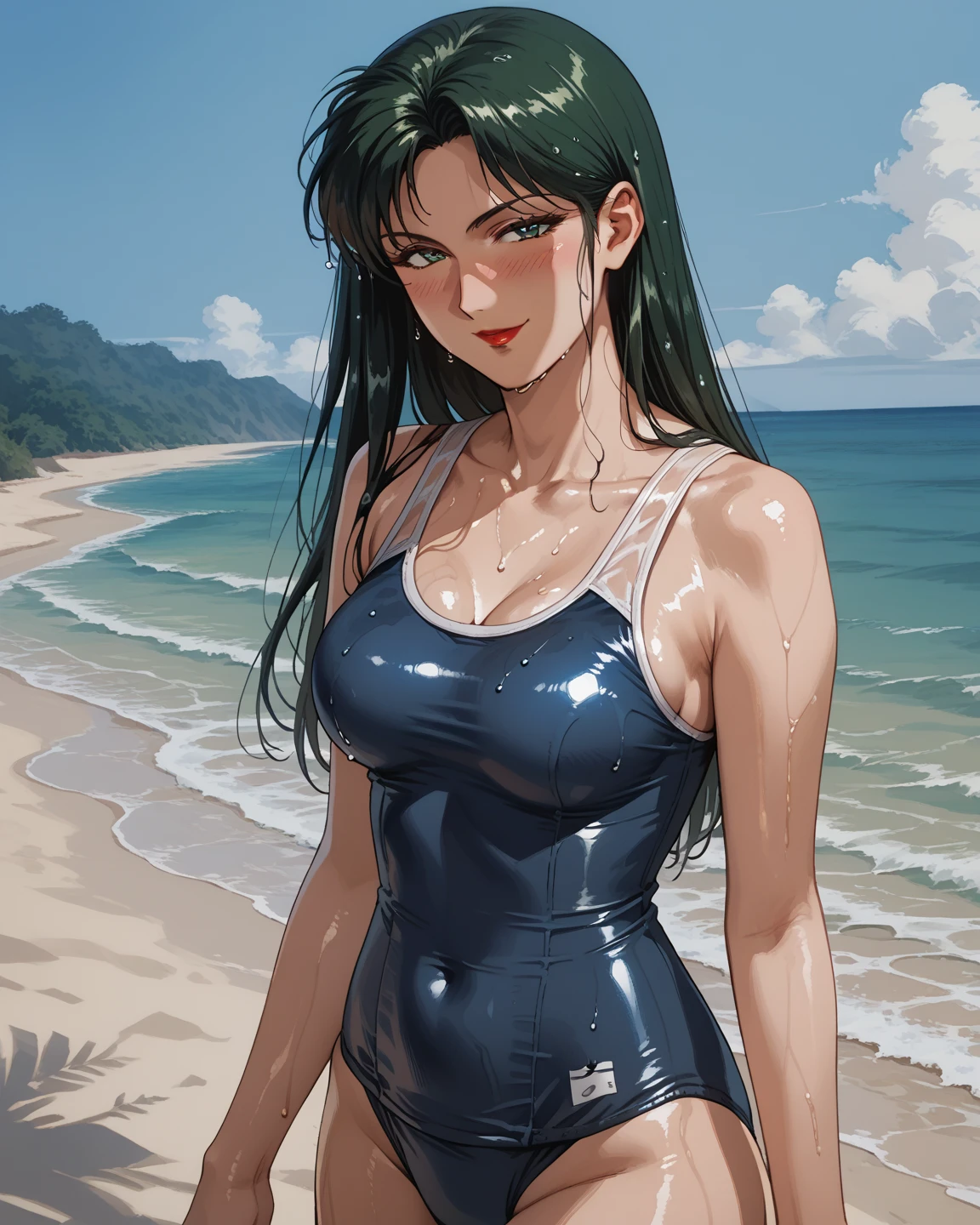 1 girl,Breasts huge, hanging breasts, Breasts huge, bikini teasing,gazing at viewer, ssmile, sky,ocean,swimsuit under clothes, From above, nipple adjustment, areola,large areolae, big tits with mamilos inchados,,