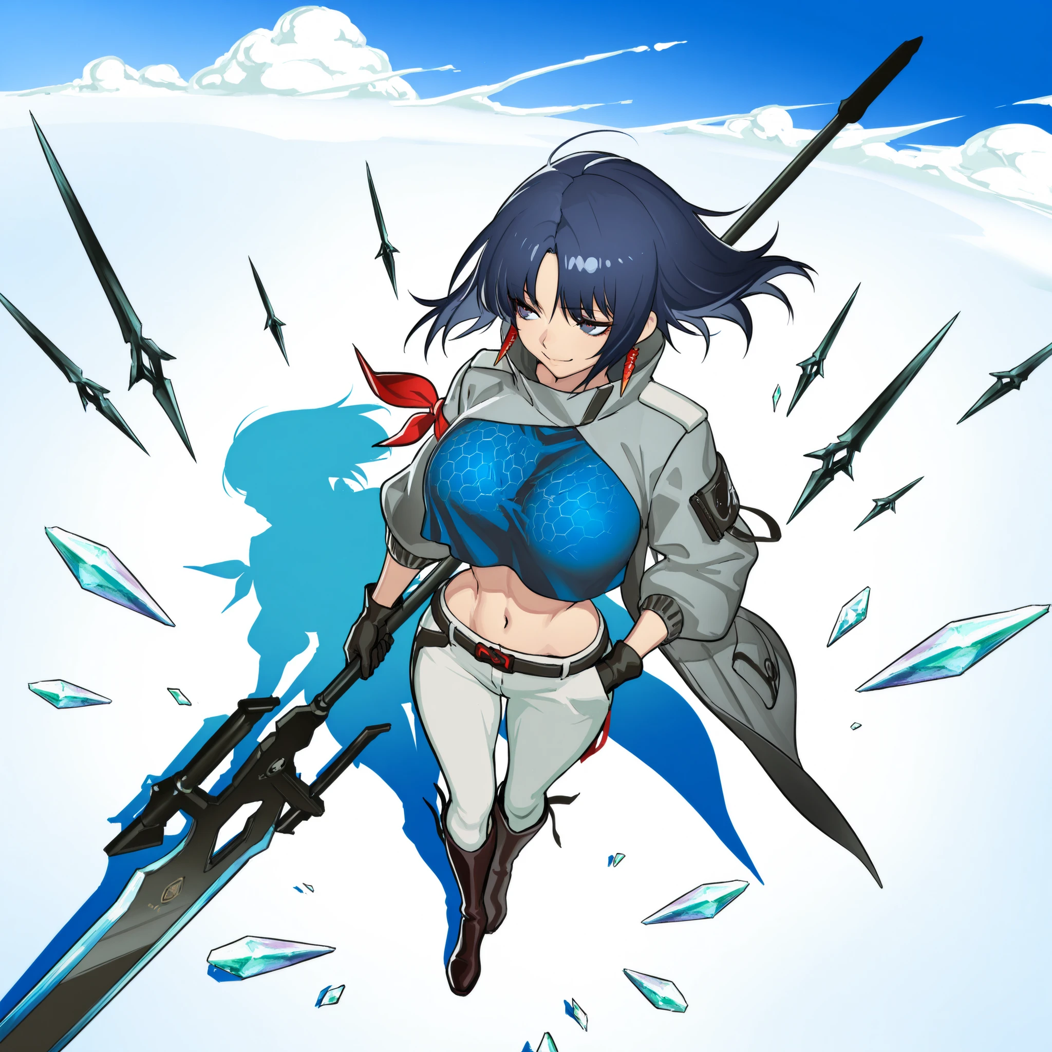 ((arknights),elite ii (arknights),original,ArkElite2, full body), {artstyle: iwao178,nia4294,henriiku (ahemaru),(ryuuzaki ichi),ilya kuvshinov,baffu,hitoyo,professional artist,detailed anatomy},{masterpiece, best quality},young girl,adult,1girl,solo,(large breasts:1.7), narrow waist, linea alba,navel, slim body, tall body, slim legs,shrug (clothing), cropped shirt, ((breast curtain)),midriff, layered clothes,long sleeves, layered clothes, open clothes,blue shirt, white shrug,trench coat,grey coat, popped collar,black gloves, pants, white pants, (blue trim, hexagon print), knee boots, blue eyes, blue hair, medium hair, curtained hair,parted bangs,smug, seductive smile, (detailed background,explosion,((crystals)), broken crystals, floating crystals, crystallized weapons, crystallized swords, crystallized spears, shadow,smoke, wind,cloud), hand up, open hand,hand in pocket, ((dynamic angle, from above,foreshortening)),floating hair,