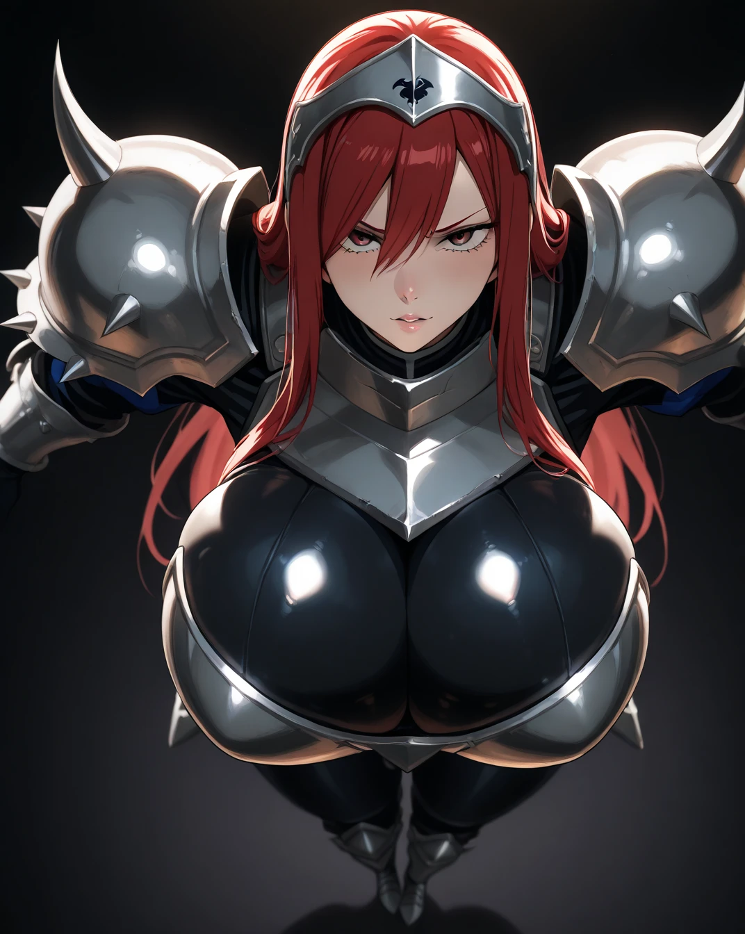 ((((Massive, beautiful, buff, muscular pale white skinned asian female samurai with red hair, black lipstick, ginormous bulky muscles, holding a crimson fire sword and wearing an all red cyber samurai armor with pants)))), {close view}, black eyeliner, massive muscles, large breast, massive biceps, hyper muscle triceps, (long hair), yellow eyes, samurai boots, In a futuristic city, sleeveless, steel samurai armor, nighttime, closed smile, hyper muscles arms, hyper muscle legs, ginormous arms