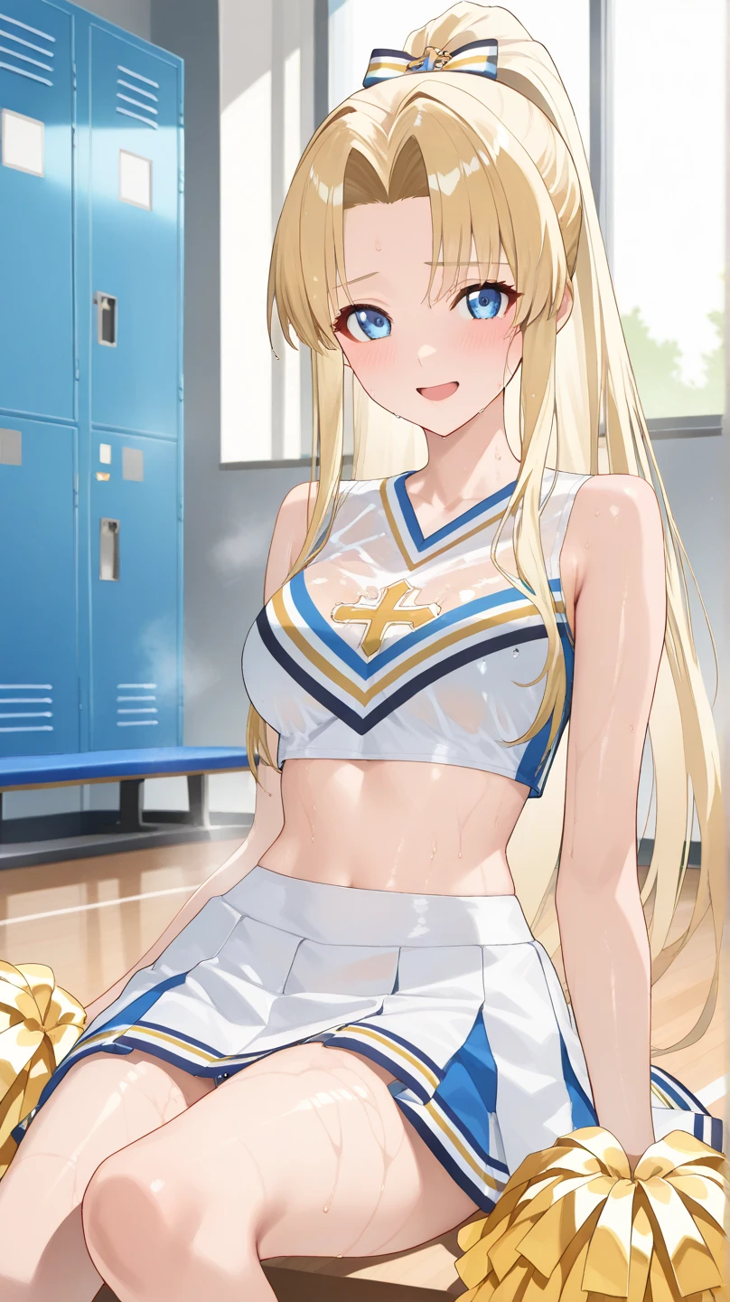 masterpiece, best quality, long hair, medium breast, cleavage, navel, slim legs, morgan fate blonde hair, class, cheerleader, happy
