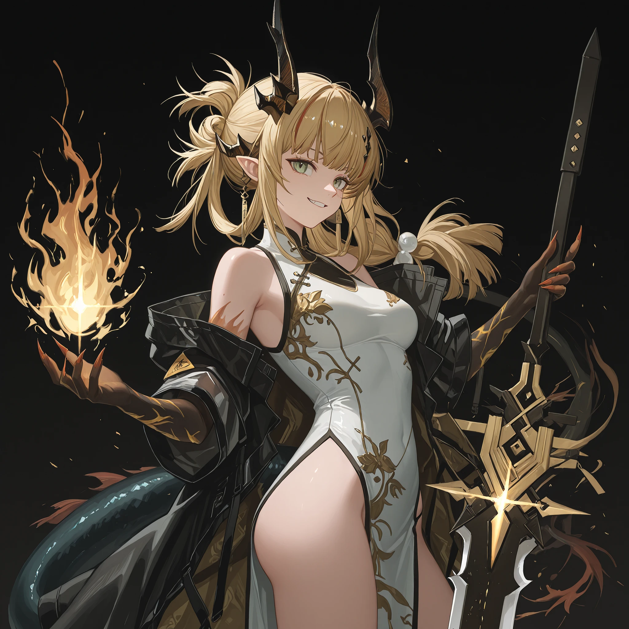 Solo, 1 girl, small and short body, small character, short character, short character, character 1.50 meters tall, small and short body, young character, character;
Golden hair, the character's hairstyle must be the same as Reed, the Flame Shadow from "Arknights" (hair tied over the shoulders like Reed, the Flame Shadow from "Arknights"), long bangs, black horns like Reed, the Flame Shadow from "Arknights";
The character's face must be the same as Oshino Shinobu from "Bakemonogatari" (but with green eyes), flashy green eyes, provocative face, provocative smile, young, sensual, perfect and beautiful face;
Perfect anatomy, the character's tail must be that of a dragon and must be black (with a golden flame at the tip of the tail), black tail like Reed, the Flame Shadow from "Arknights", details of the tail must be black, medium breasts;
Nian style colored arms from "Arknights" (but the arms and hands should be painted black with gold details), hands with claws, black arms, arms with gold details;
Black coat like Reed, the Flame Shadow in "Arknights", sensual white Chinese dress (Chinese dress with gold details), exposed arms, in a sensual pose, perky butt, short body height;
Holding a black guan dao with gold details, gold ornaments on the spear, divine and beautiful spear, guan dao style, with a huge blade;
Black background, striking pose, looking at the observer, black arms and hands with gold details;
Flashy pose, shoulders and head exposed, close to the face, looking at the character, looking at the observer, face to face, provocative smile, confident, small and short body, young character;