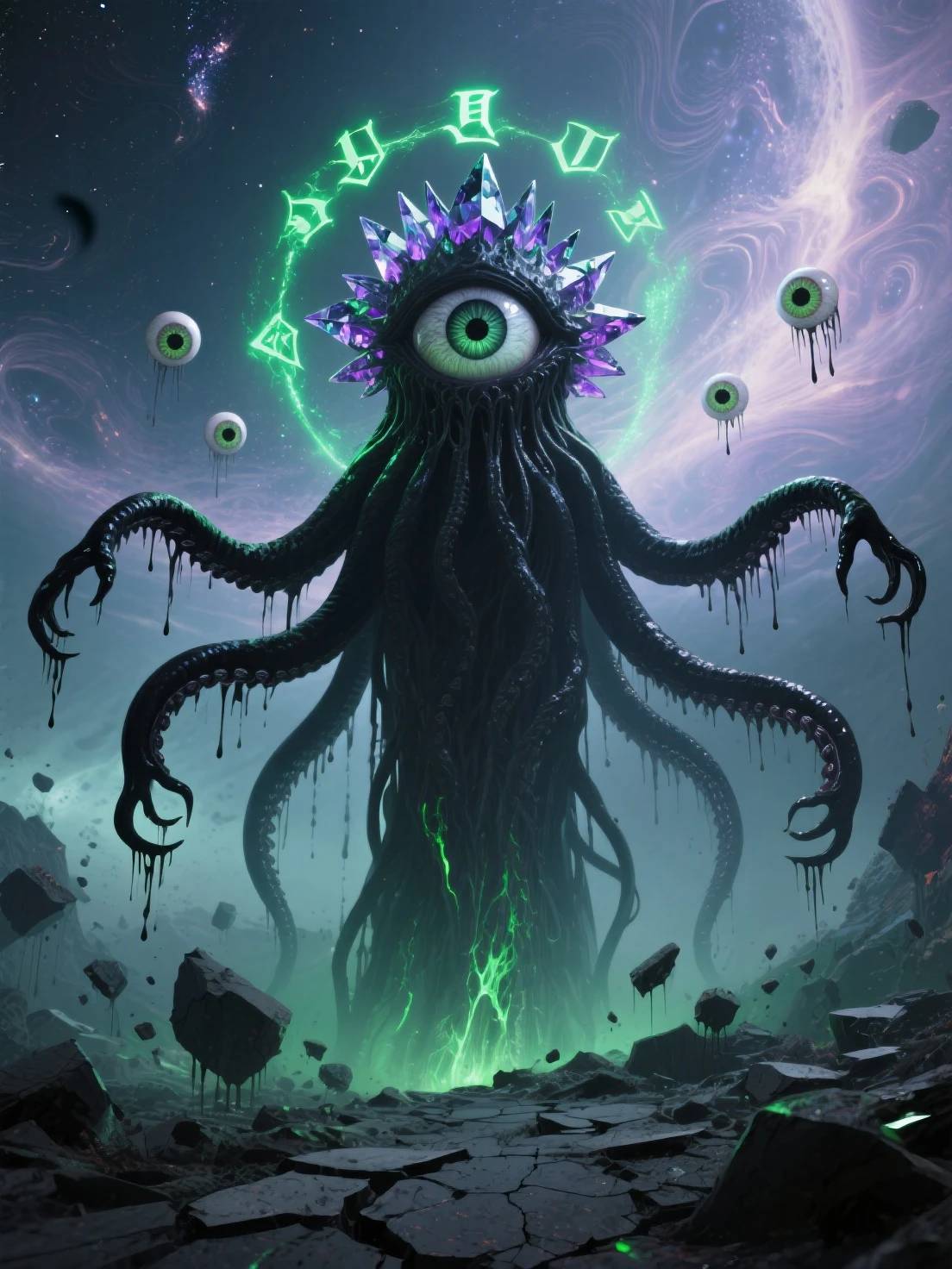 (No humans)、An alien tentacle creature with tentacles branching out from a central body with a single large eye、From above