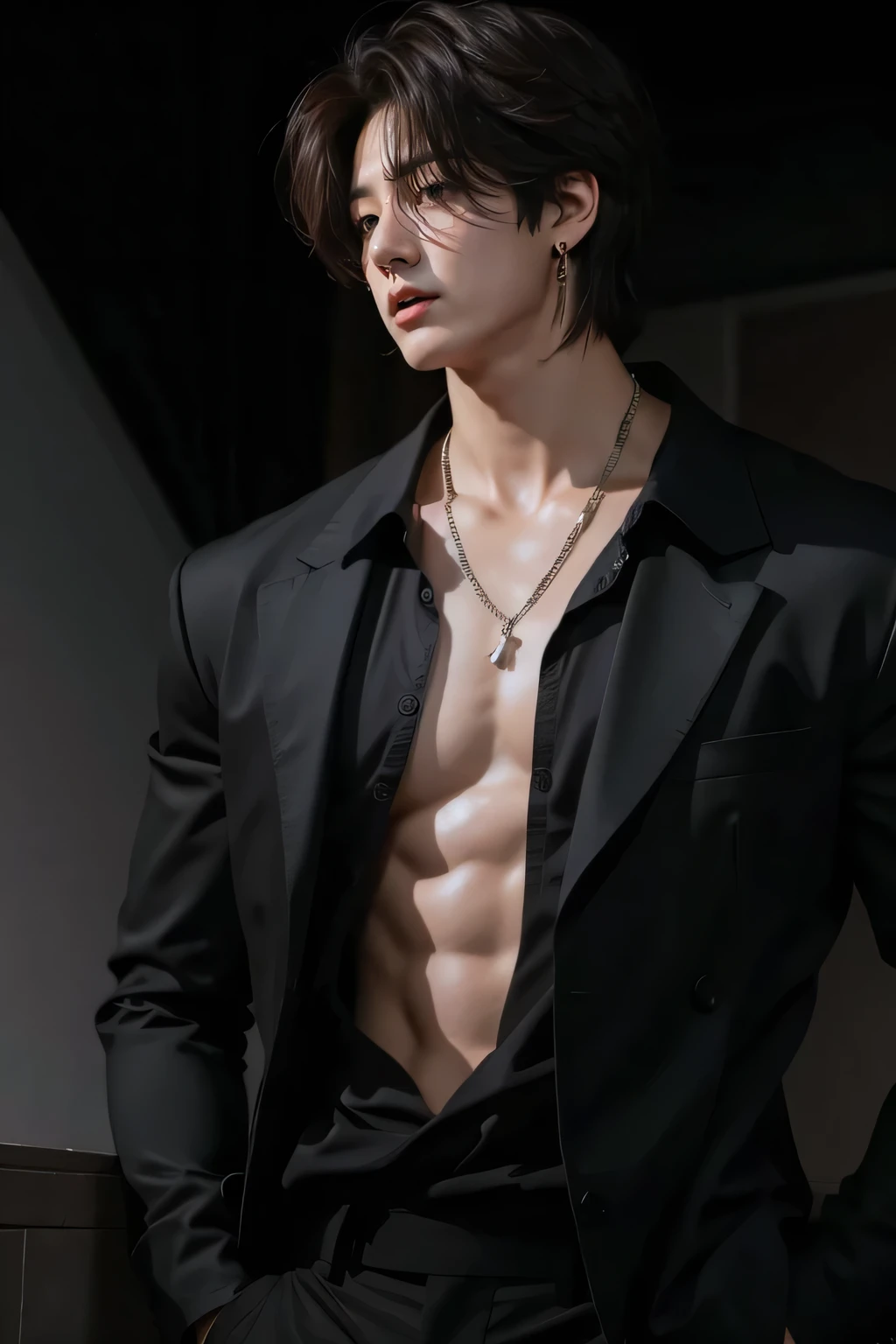 masterpiece,Highest quality,High resolution,Jiufeng Boy,Upper Body,Abdominal muscles, Pectoral muscle,Open the tulle coat,