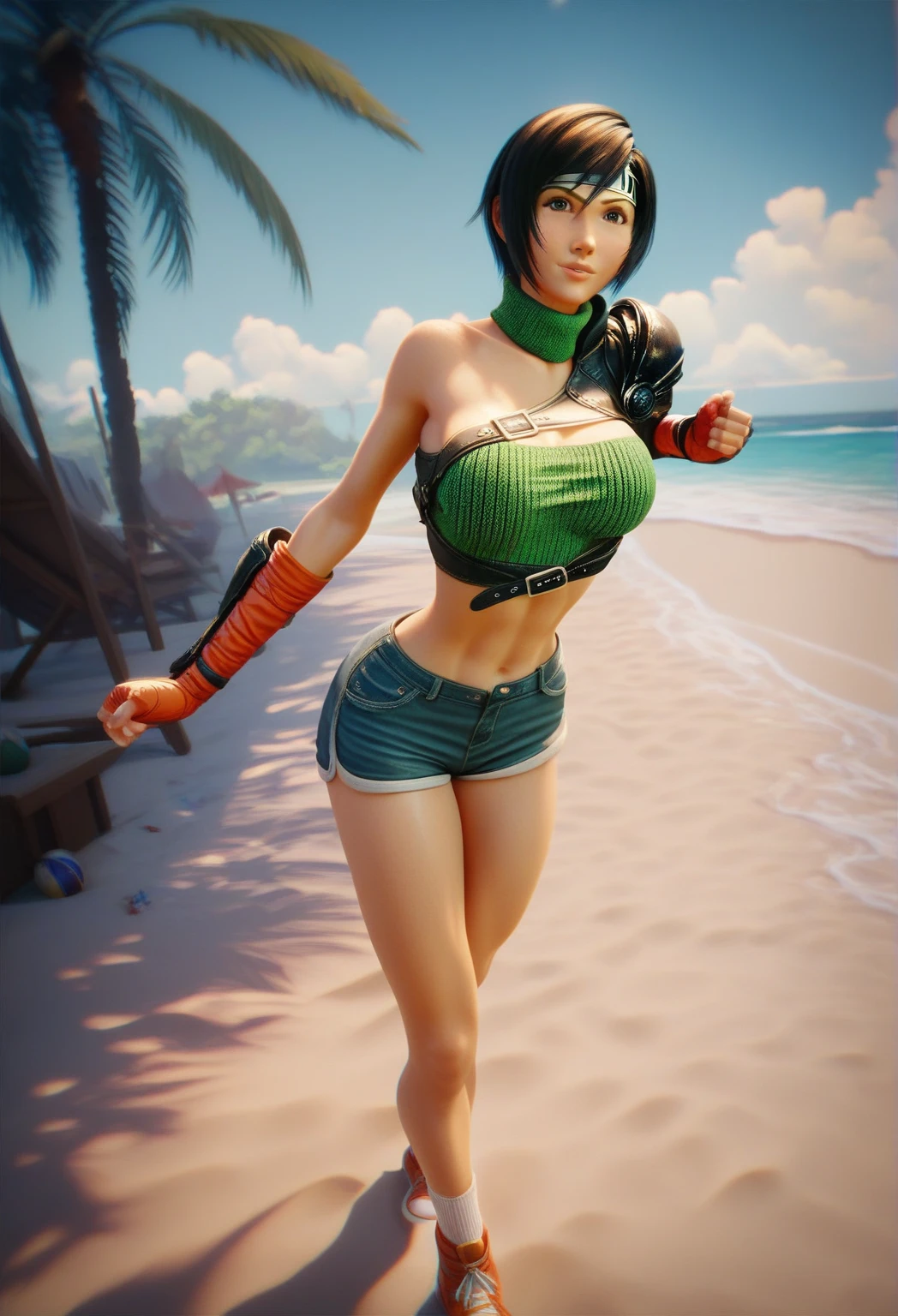 ((melhor qualidade)), (Foto CRU:1.2),(fotorrealista:1.4),(obra de arte:1.3),(melhor qualidade:1.4),ultra high resolution, hdr,8k resolution, sonhe como, Check the comment,Request for comment,scenario,((paradise beach), foco apenas, (olhos detalhados),(detailed facial features), (detailed characteristics of clothes), pele firme, (pele brilhante),(delgado),(magro),(rosto espetacular), 1 mulher, jovem, franja,cabelo preto, olhos cinza-claro,ear studs, roupa de praia e justa no corpo, maquiagem estilo praia, series, olhar doce, linda, seios grandes, bunda grande, cintura fina, pele bronzeada, Look directly into the camera, pose standing on your back showing your ass, looking back.
