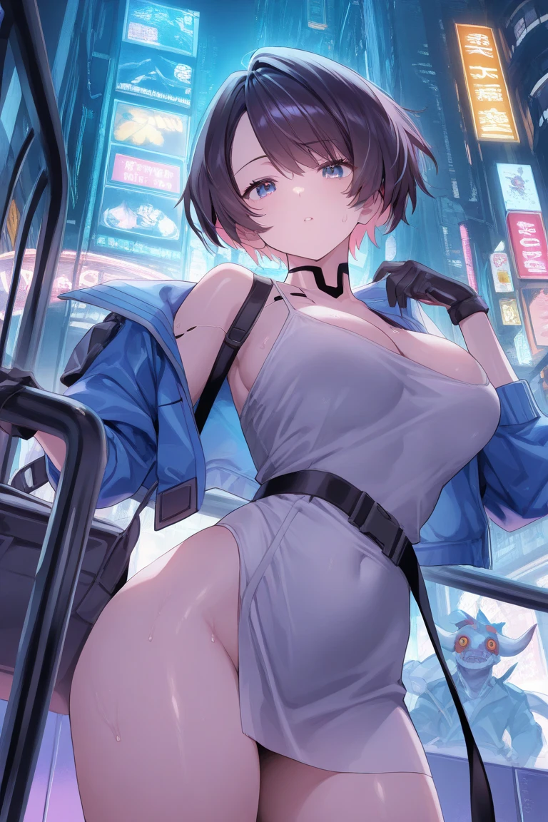 (High-definition images, atmospheric perspective, 8K, Super detailed, Accurate, highest quality, dark brown eyes), (highest quality:1.4, Add intense highlights to your eyes:1.4, short brown hair:1.4), ((bedroom )), cinematic lighting, Shooting from various angles, nsfw, Japanese, ((short hair, black eye)), light brown eyes, eyelash, droopy eyes:1.5,lip gloss:1.4, (droopy eyes, look away), angle from below, (CA Uniform, ID card), customer, thin waist, toned stomach, thin thighs, Realistic Eye Size, beautiful navel, unbuttoned shirt, Jacket, black pubic hair, beautiful breasts, beautiful areola, beautiful nipples, open your mouth wide, orgasm, hentai, ahegao, ((Cyberpunk renegade cyborg, mix of organic and mechanical features, glowing bioluminescent implants, moody chiaroscuro lighting, neon-drenched alleyway, defiant expression)), Ahegao, fullblush, sex from behind, looking back, vaginal object insertion,