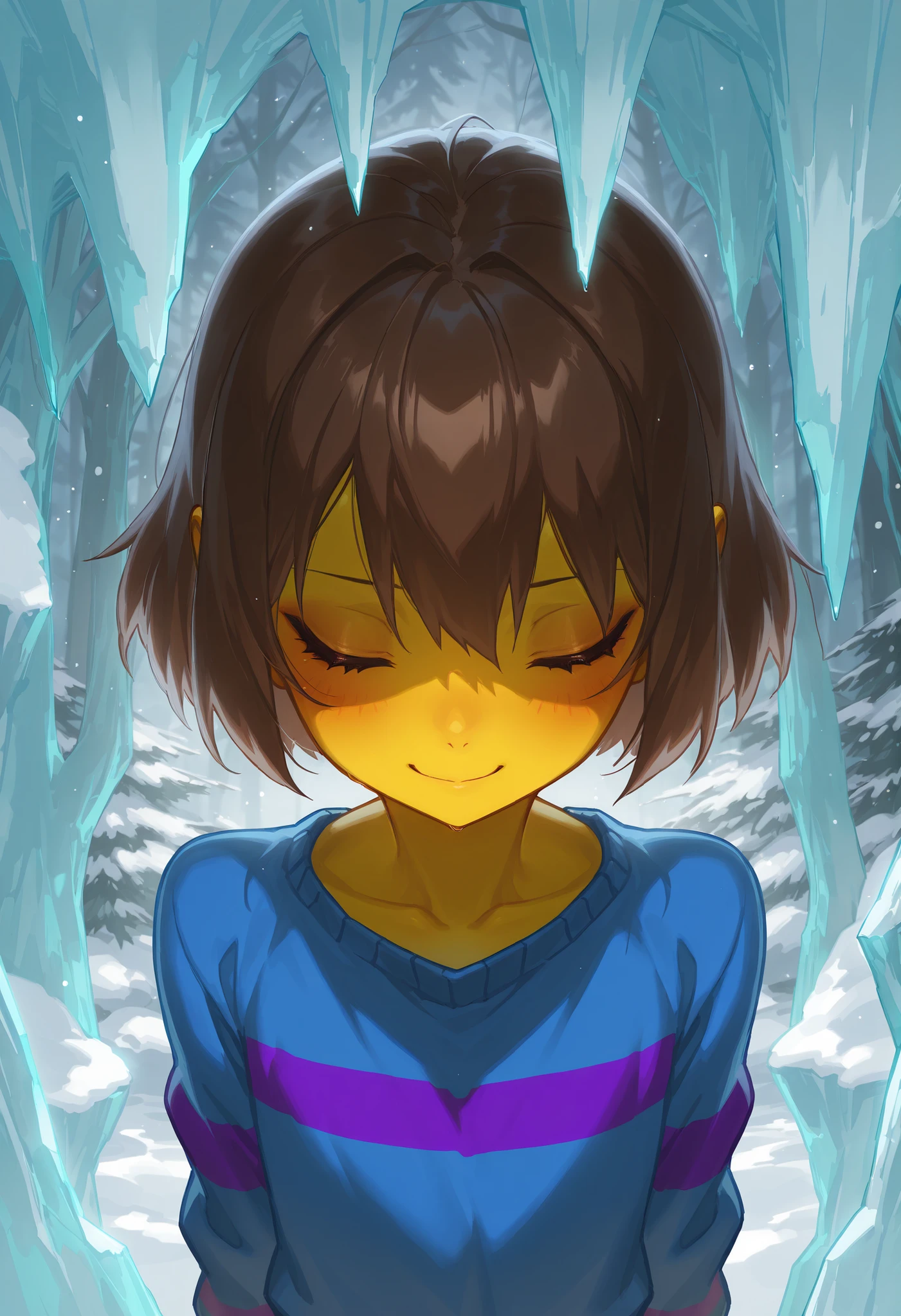 Wallpaper, Upper body, solo, front, (Snowy forest, closed mouth smile), ((score 9, score 8, score 7, Best quality::2.5, artwork::2.5, Masterpiece::2.5, Anime traits:2.0, Beautiful features, good anatomy, anime realistic look, 8k Resolution, ultra delicate, Detailed illustration, beautiful details):1.0), Close up, rodecchi, detailed eyes, (frisk undertale, Eyes closed, Yellow skin , short brown hair, Blue shirt with purple stripes:1.2, Flat chest),
