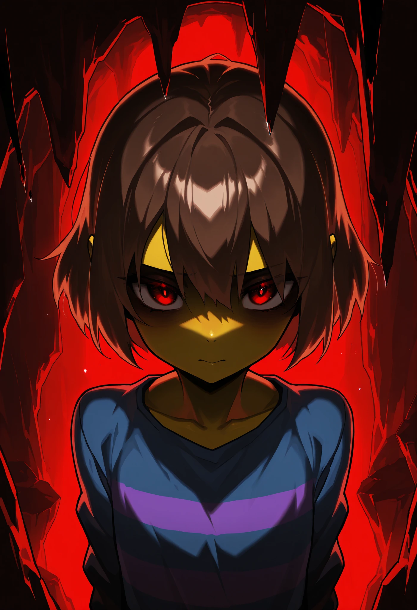 Wallpaper, Upper body, solo, front, Full dark face: 3.5, only eyes visible,close up face, (Focus on the face, Dark face:3.0, completely dark cave, no lighting), (Red light in the back, red pupils standing out in the dark: 1.0), ((score 9, score 8, score 7, Best quality::2.5, artwork::2.5, Masterpiece::2.5, Anime traits:2.0, Beautiful features, good anatomy, anime realistic look, 8k Resolution, ultra delicate, Detailed illustration, beautiful details):1.0), Close up, rodecchi, detailed eyes, (frisk undertale, Red eyes, Yellow skin , short brown hair, Blue shirt with purple stripes:1.2, Flat chest),