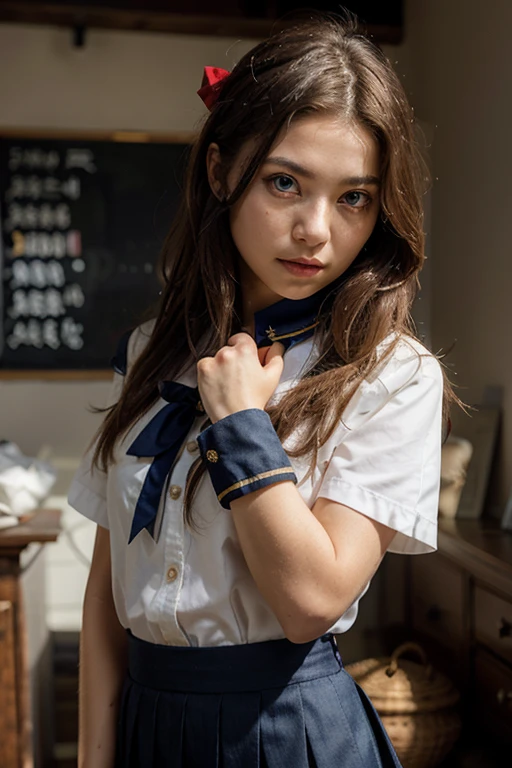 A female bank employee being held hostage after being attacked by a robber5people、All of them have their hands tied behind their backs with rope、Are standing、Wearing a bank uniform、Age 25、美people、Well-formed face、Medium build、, light brown hair, straight hair, swept bangs, Surrealism, cinematic lighting, tachi-e, Nikon, Wide-Angle, uhd, anatomically correct, textured skin, best quality, highres, 8K, anatomically correct