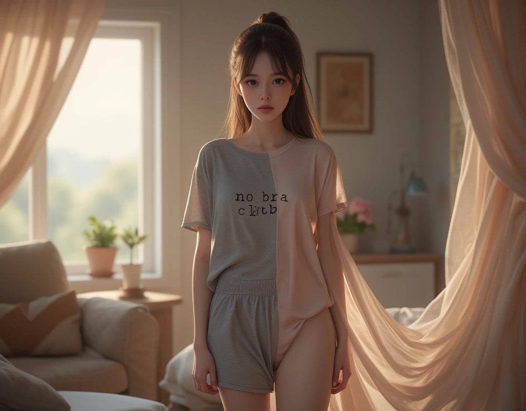 (best quality,realistic,ultra-detailed),a sexy and slim 18-year-old French brunette woman in black short sleeve hoodie ,sur un lit,jambe visible