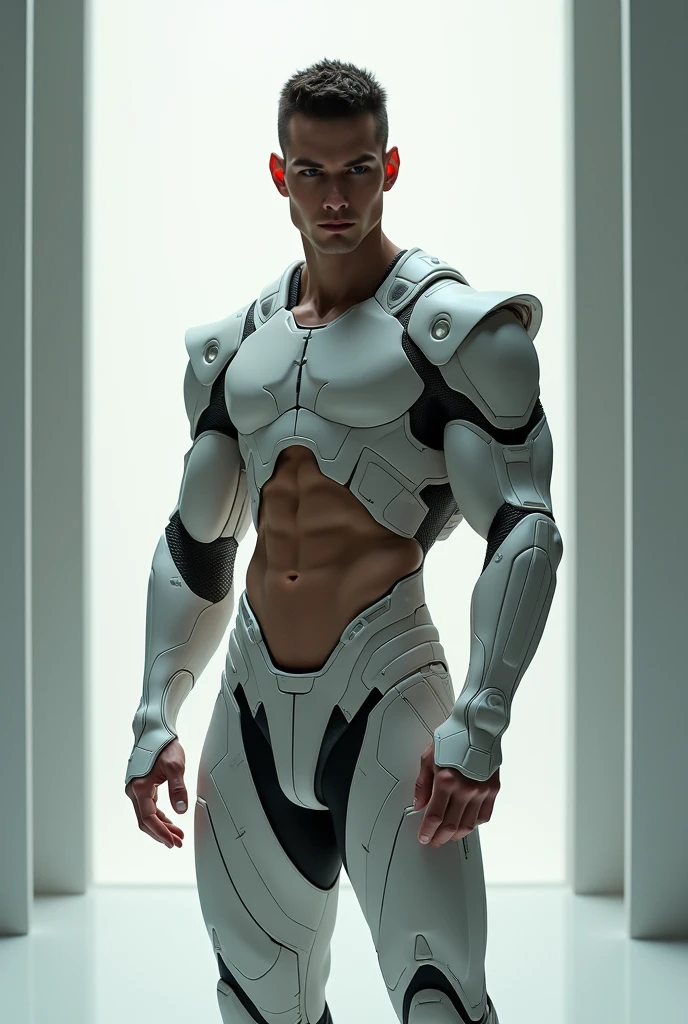 realistic, masterpiece, best quality, cinematic, dynamic lighting, soft shadow, highest detail, professional photography, detailed background, depth of field, insane details, intricate, aesthetic, detailed face, subsurface scattering, realistic hair, realistic eyes, 1boy, muscular, manly, (large pectorals:1.3), pectorals, abs, portrait photo of a handsome african man wearing white mecha power armor, glowing, cables, wires, futuristic lab background, medium hair, glass, beard, upper body,