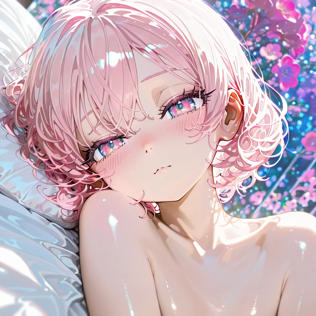((Great Quality)), (Detailed), Anime girl, 1 girl, pink hair, heart eyes, half naked, sexy, waering underwear, Strong white highlights, high saturation, high res, ultra sharp, 8k, masterpiece, looking at viewer, pink background, vaporwave background,