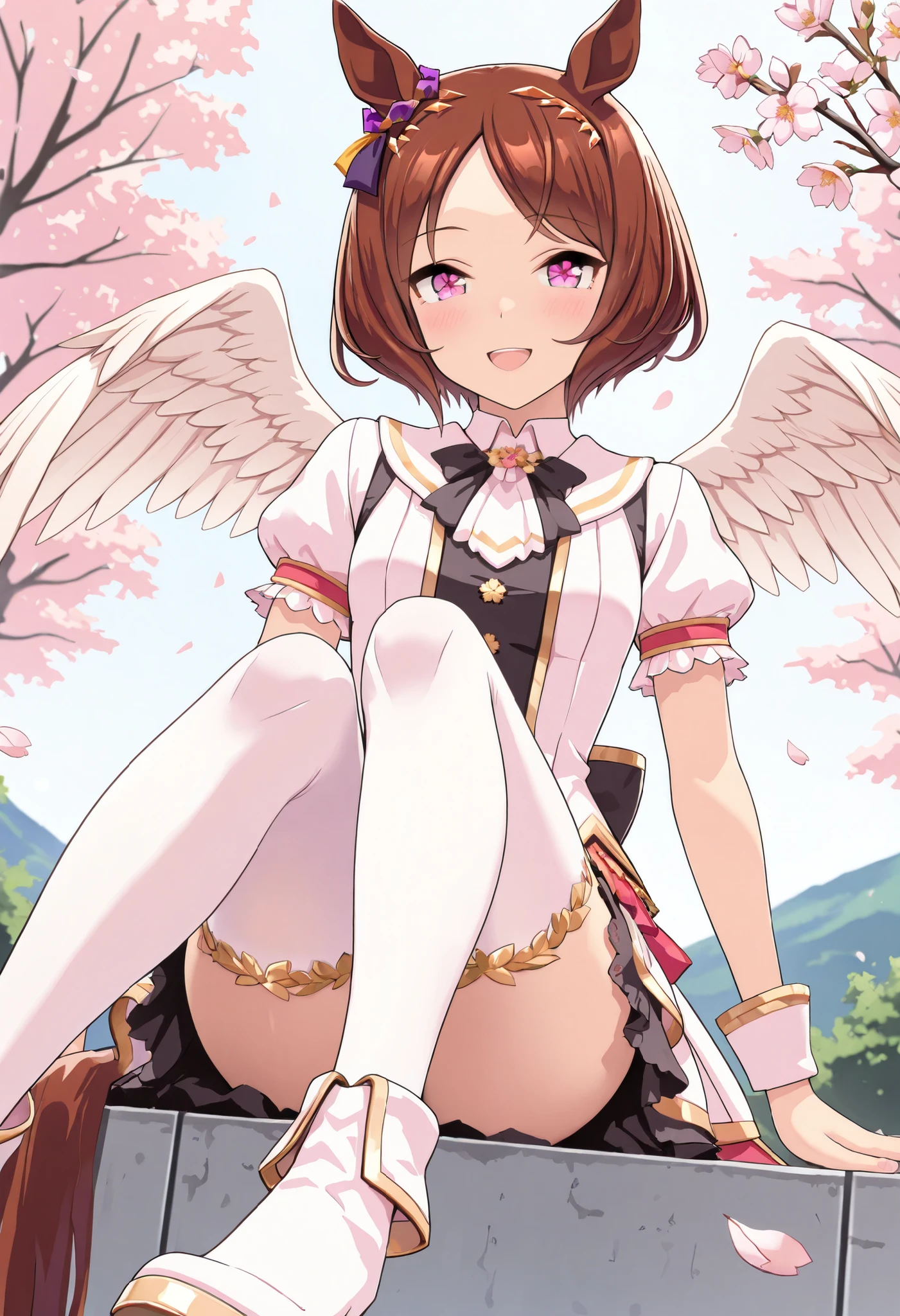 (masterpiece, best quality, perfect face:1.4), wide angle, sakura laurel \(umamusume\), 1girl, flower-shaped pupils, hair ornament, horse ears, ear ornament, horse tail, tail on the lower back, proportional body, proportional, beautiful hair, beautiful face, beautiful detailed eyes, beautiful clavicle, beautiful body, beautiful chest, beautiful thigh, beautiful legs, beautiful fingers, BREAK
//Fashions
Cherry Blossom Angel Maid
Short puff-sleeved maid dress in shimmering pale pink silk with intricate sakura lace trim,
Iridescent feathered wings accented with tiny scattered cherry blossoms,
Sheer thigh-high stockings embroidered with floral motifs and white heeled ankle boots,
giving an ethereal,
heavenly sweetness
BREAK, looking at viewer, blush happy smile (open mouth), textured skin, realistic skin, HDR, BREAK, good hands,