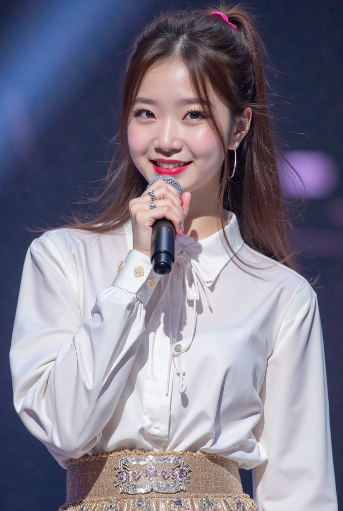 「NSFW」4k、high-detail、japanaese girl、Healthy skin、modeled、Fluttering Dresses、kawaii faces、Popular Japan idols with a smile、Big eye false eyelashes、(((Dancing and singing on stage)))、Lit up、jumpping、KPOP Idol、Mature costume
