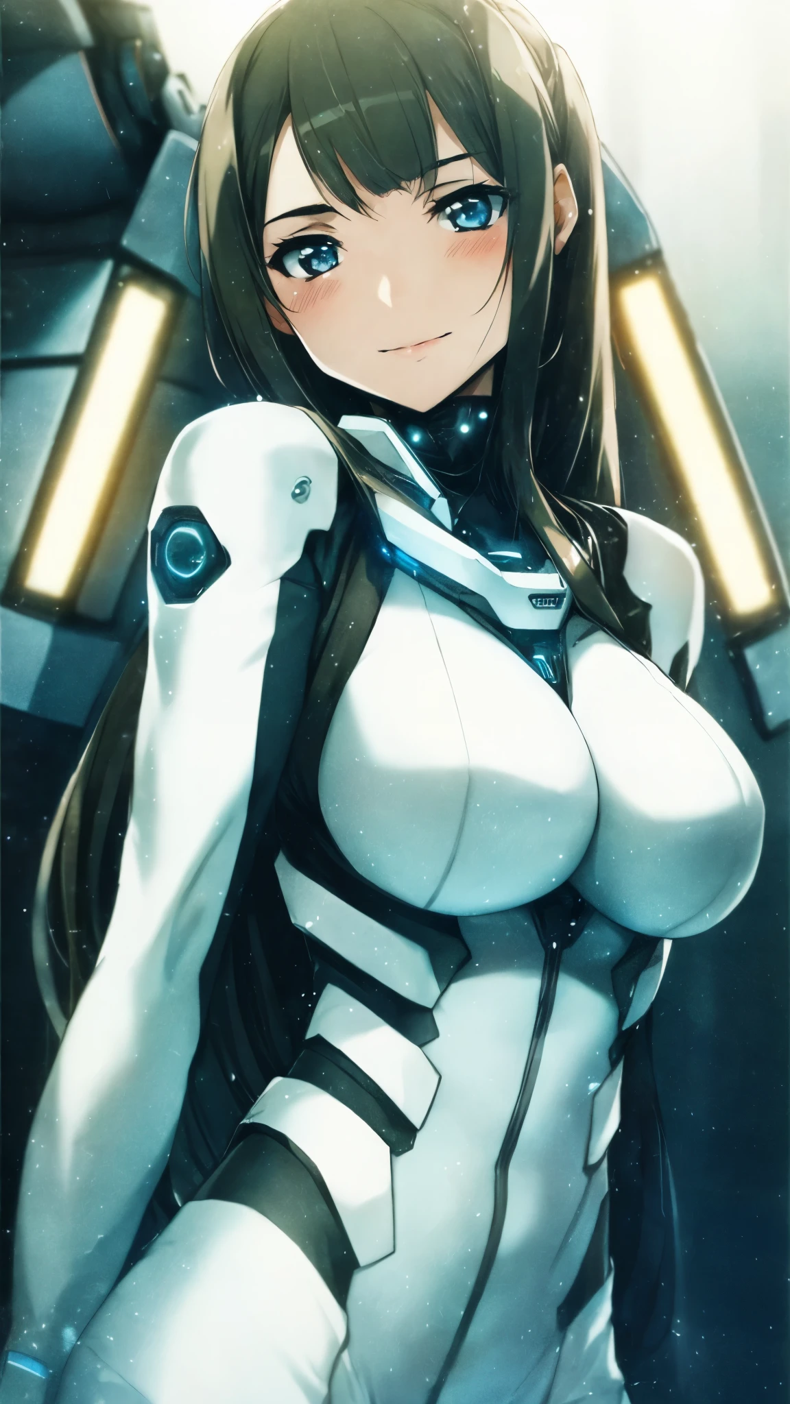 an anime girl wearing a sexy outfit Are Standing, 1girl, 独奏, 가슴, looking a viewer, twintails, Standing, Long hair, white Bodysuit, white gloves, Bangs, gloves, Bodysuit, bare shoulders, large 가슴, brown hair