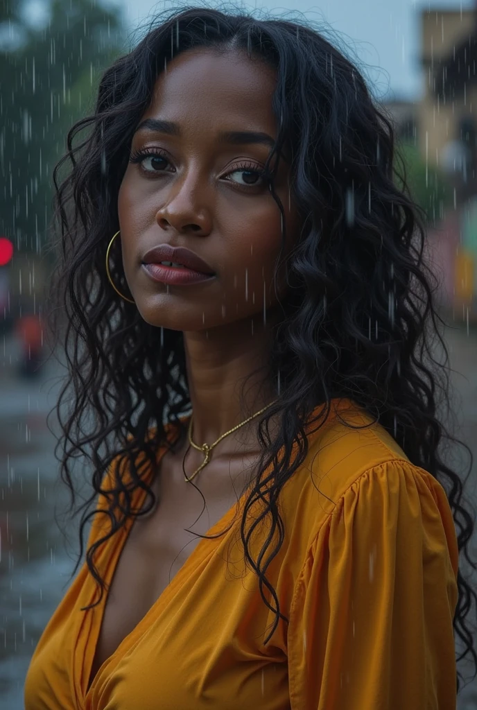 afro american woman hair in a braid, hands in ripped and torn pant pockets, standing in a dystopia, raining ash that looks like glitter, antique photo, scratches and dust, Photorealistic