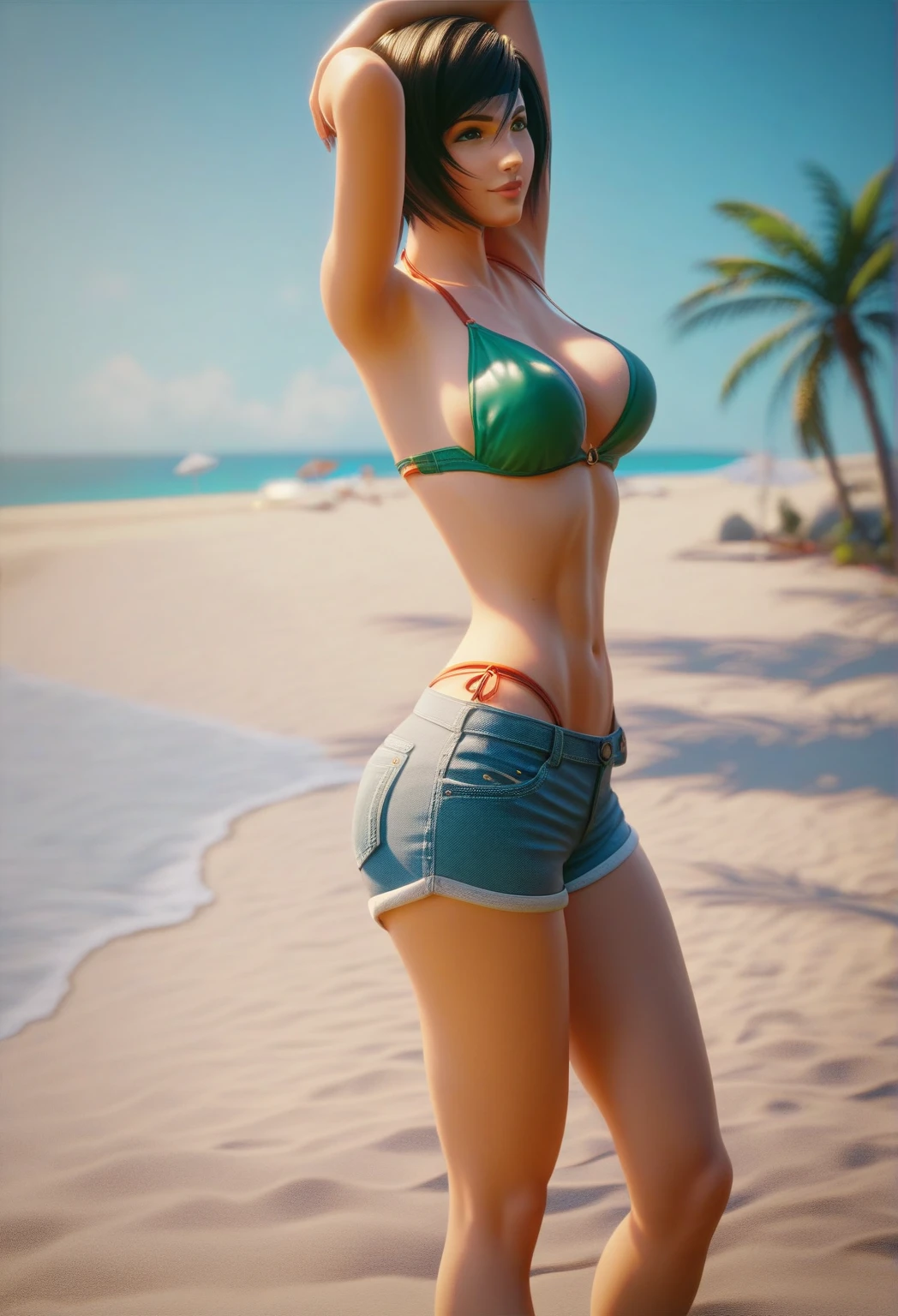 (masterpiece, best quality:1.2), intricate details, (akali), 1 girl, (green bikini:1.2), simple bikini, hair ribbon, ponytail, (black_tattoo:1.2), (black hair, milf) , (small breasts:1.2) , (wide hips, sexy:1.2) , (beach_background:1.3), (outdoor), (kunoichi), (green eyes:1.2), ( eye glow:1.4) , (wet:1.2), cowboy shot,